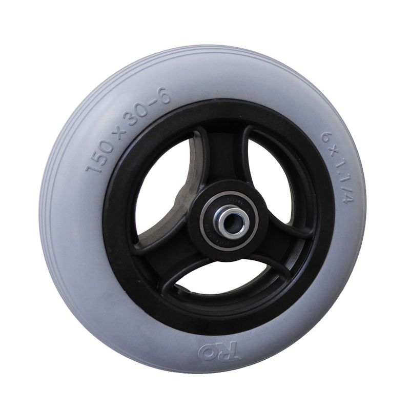 Rad mit 3-Speichen Ku.-Felge schwarz
PU-Reifen 150x32mm grau
Bohrung 8,0mm / NL 46mm