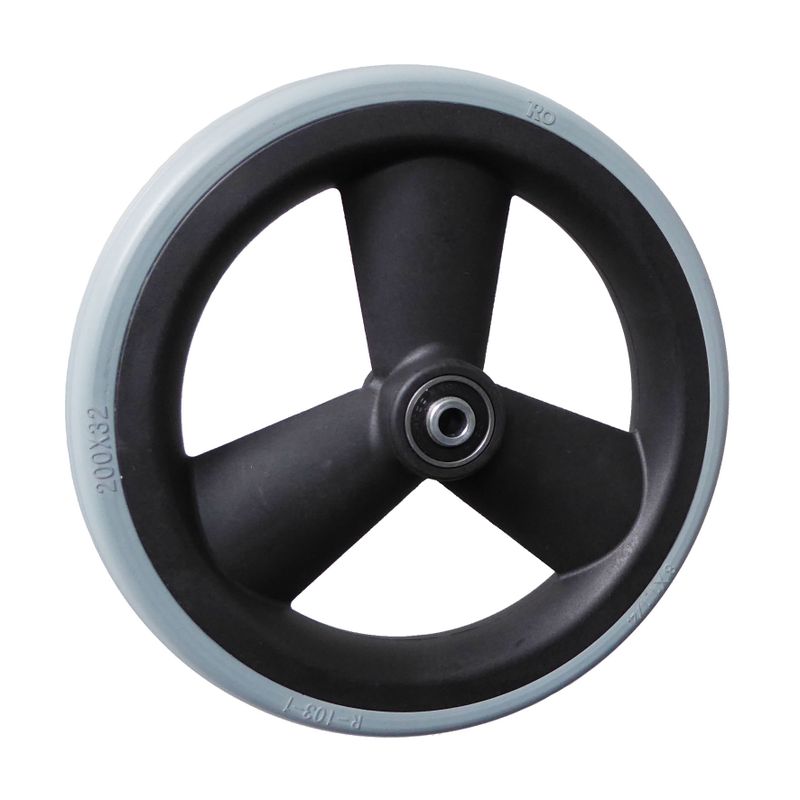 Roue à jante plastique à 3 rayons noir
Pneu en polyuréthane 200x32mm gris
Moyeu Ø x longeur: 8,0mm x 46mm
