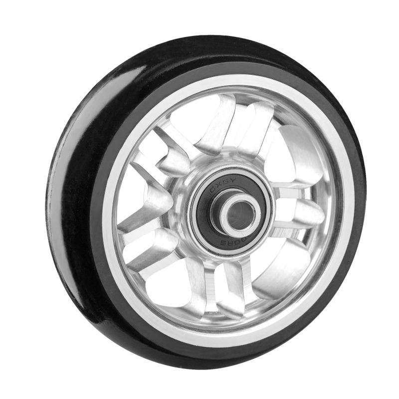 Design-Rad mit Alu-Felge silber
Vollgummireifen 100x32mm schwarz
Bohrung 8,0mm / NL 36mm