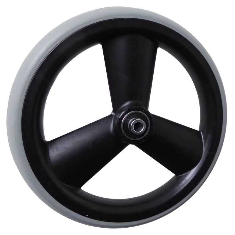 Rad mit 3-Hohlspeichen-Felge schwarz
Vollgummireifen 200x28mm grau
Bohrung 8,0mm / NL 46mm