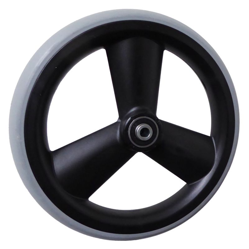 Rad mit 3-Hohlspeichen-Felge schwarz
Vollgummireifen 200x28mm grau
Bohrung 8,0mm / NL 38mm