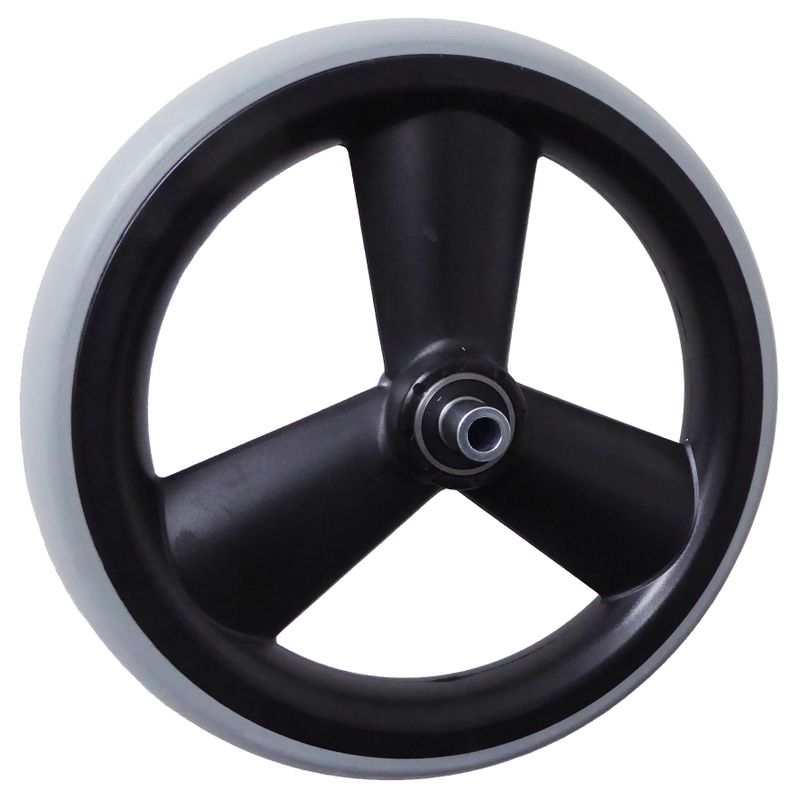 Rad mit 3-Hohlspeichen-Felge schwarz
Vollgummireifen 200x28mm grau
Bohrung 8,0mm / NL 60mm
