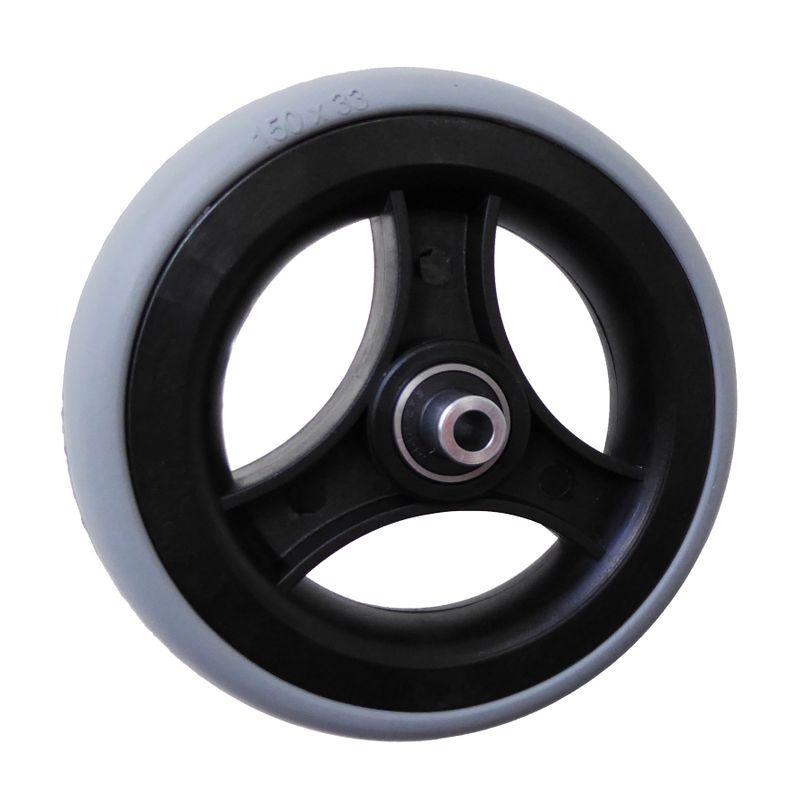 Roue à jante plastique à 3 rayons noir
Pneu à gomme pleine 150x33mm gris
Moyeu Ø x longeur: 8,0mm x 60mm