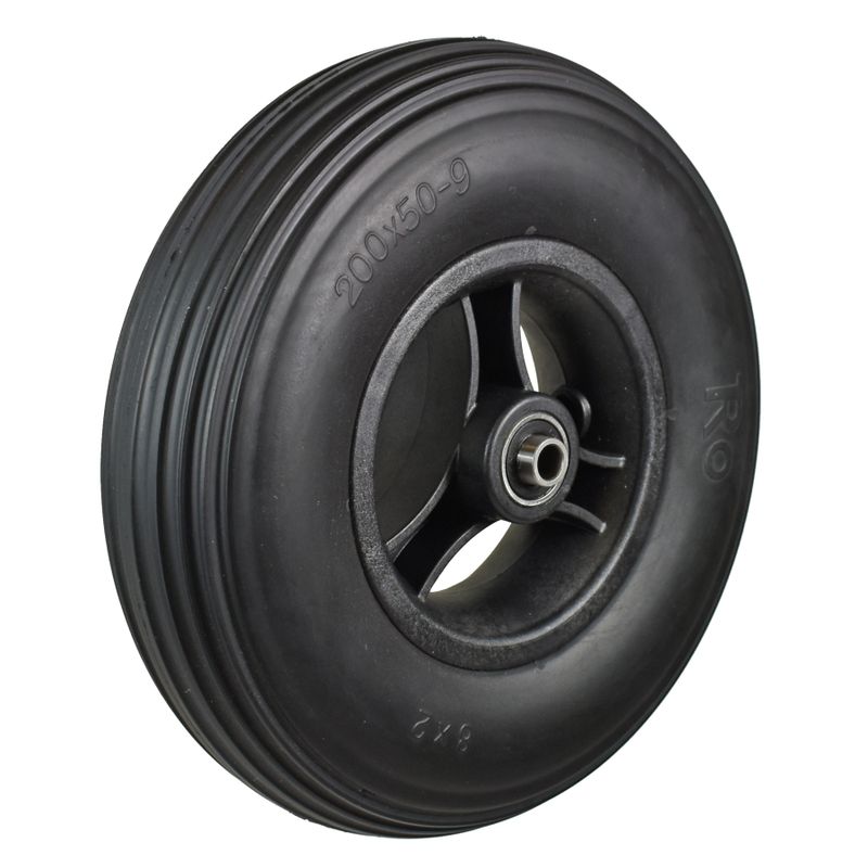 Rad mit 3-Speichen Ku.-Felge schwarz
PU-Bereifung 200x50mm schwarz
Bohrung 8,0mm / NL 60mm