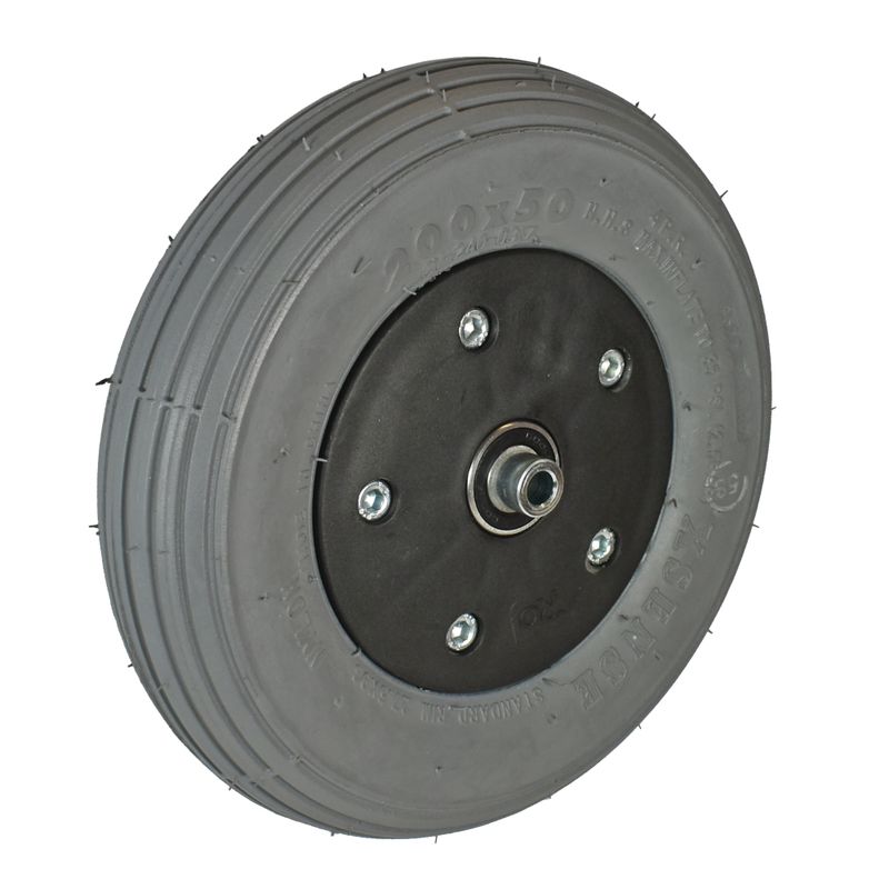 Roue à jante plastique séparable noir
Pneu increvable 200x50mm gris
Moyeu Ø x longeur: 8,0mm x 60mm