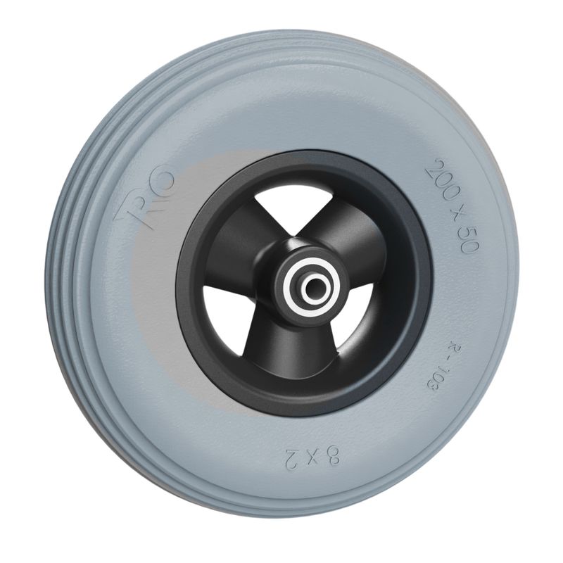Rad mit 3-Hohlspeichen-Felge schwarz
PU-Bereifung 200x50mm grau
Bohrung 8,0mm / NL 60mm