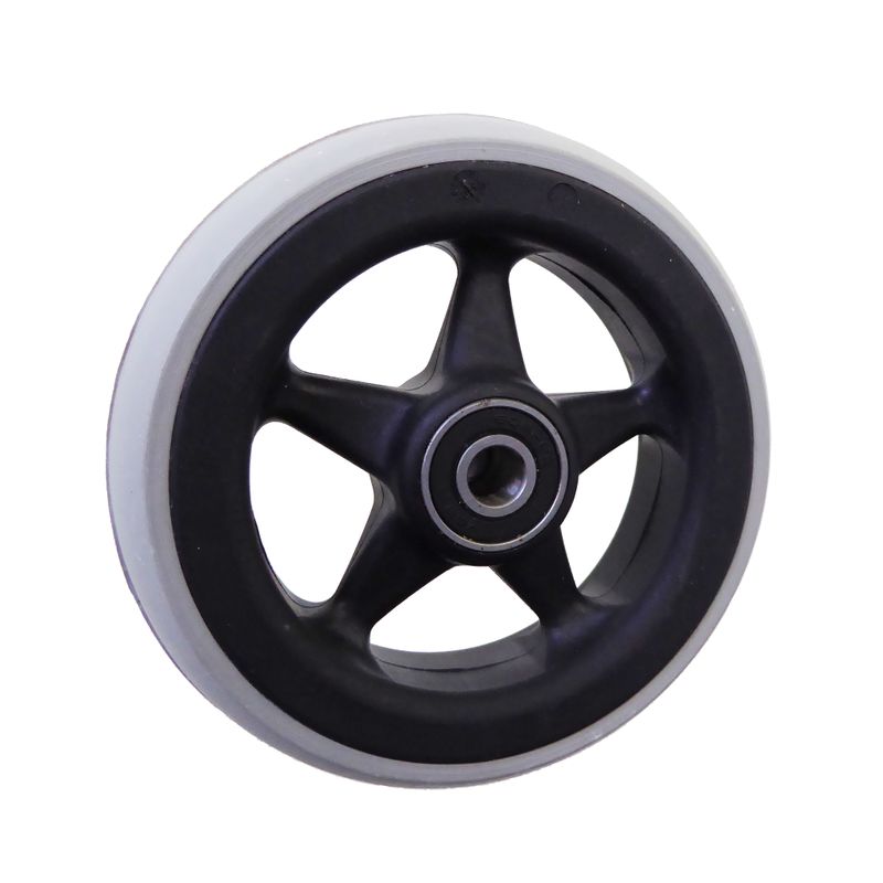 Leichtgewichtrad mit Ku.-Felge schwarz
Vollgummireifen 100x24mm grau
Bohrung 8,0mm / NL 25mm