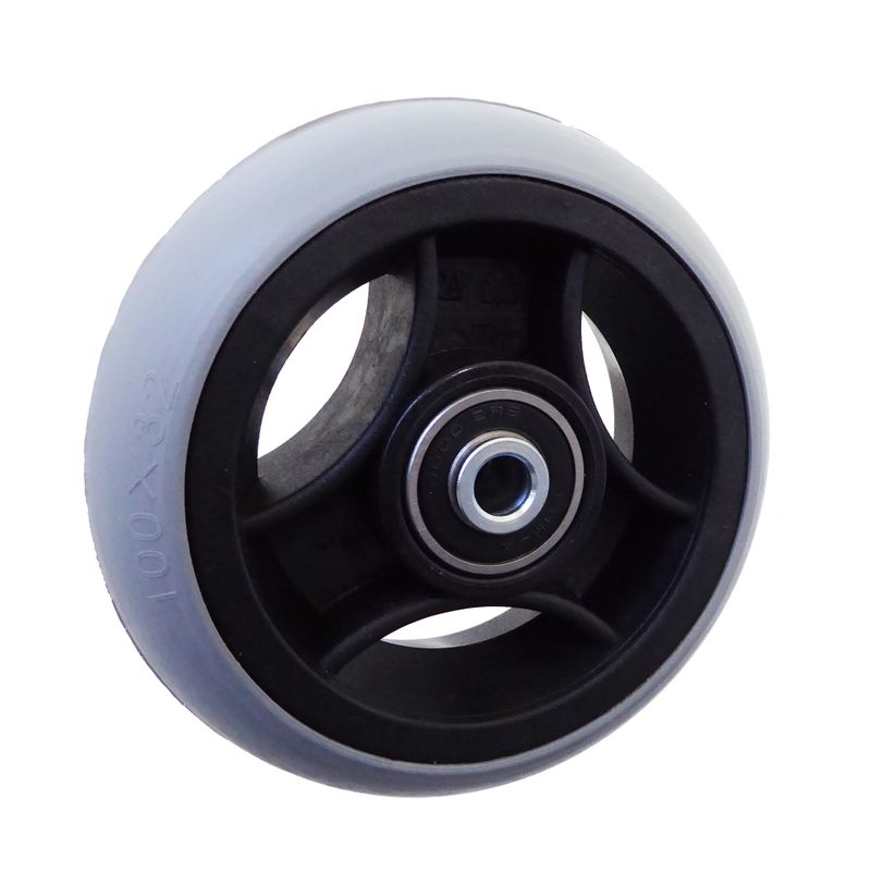 Rad mit 3-Speichen Ku.-Felge schwarz
Vollgummireifen 100x32mm grau
Bohrung 8,0mm / NL 36mm