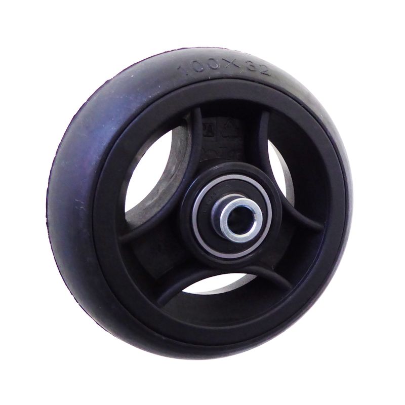Rad mit 3-Speichen Ku.-Felge schwarz
Vollgummireifen 100x32mm schwarz
Bohrung 8,0mm / NL 46mm