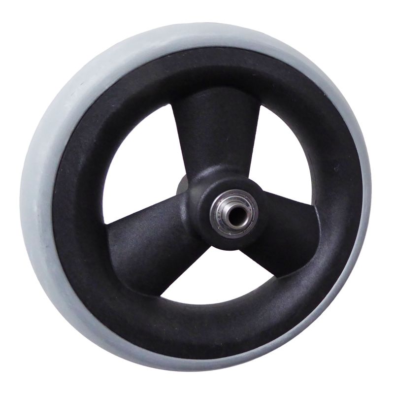 Rad mit 3-Hohlspeichen-Felge schwarz
Vollgummireifen 178x35mm grau
Bohrung 8,0mm / NL 60mm