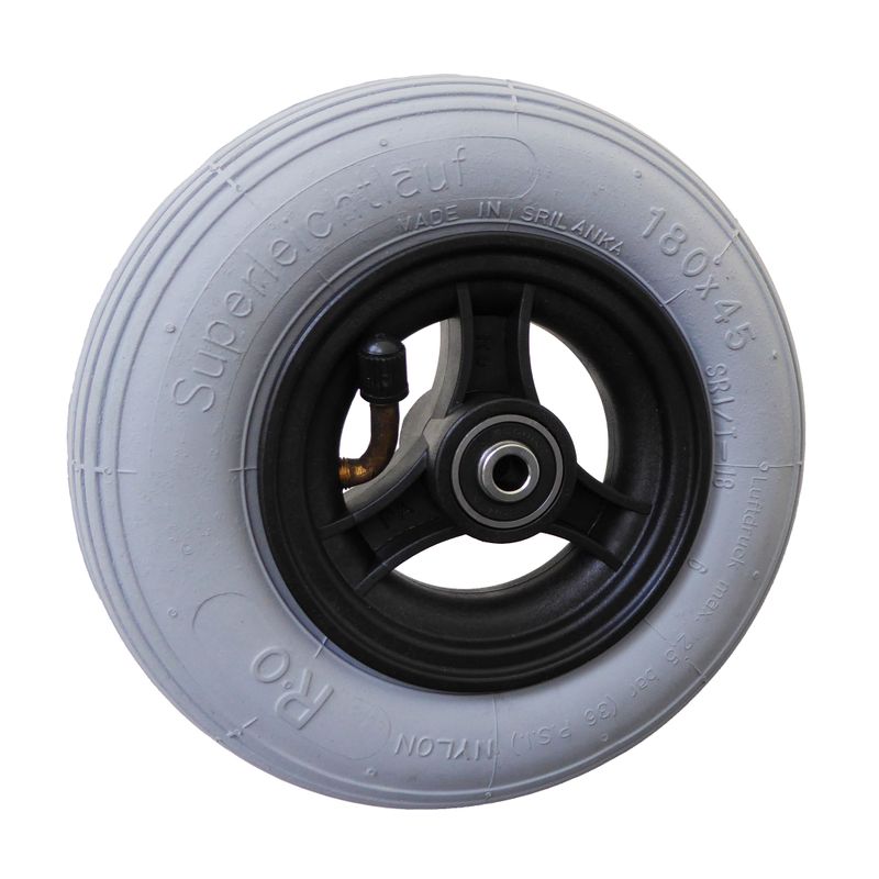 Roue à jante plastique à 3 rayons noir
Pneu à air 180x45mm gris
Moyeu Ø x longeur: 8,0mm x 45mm