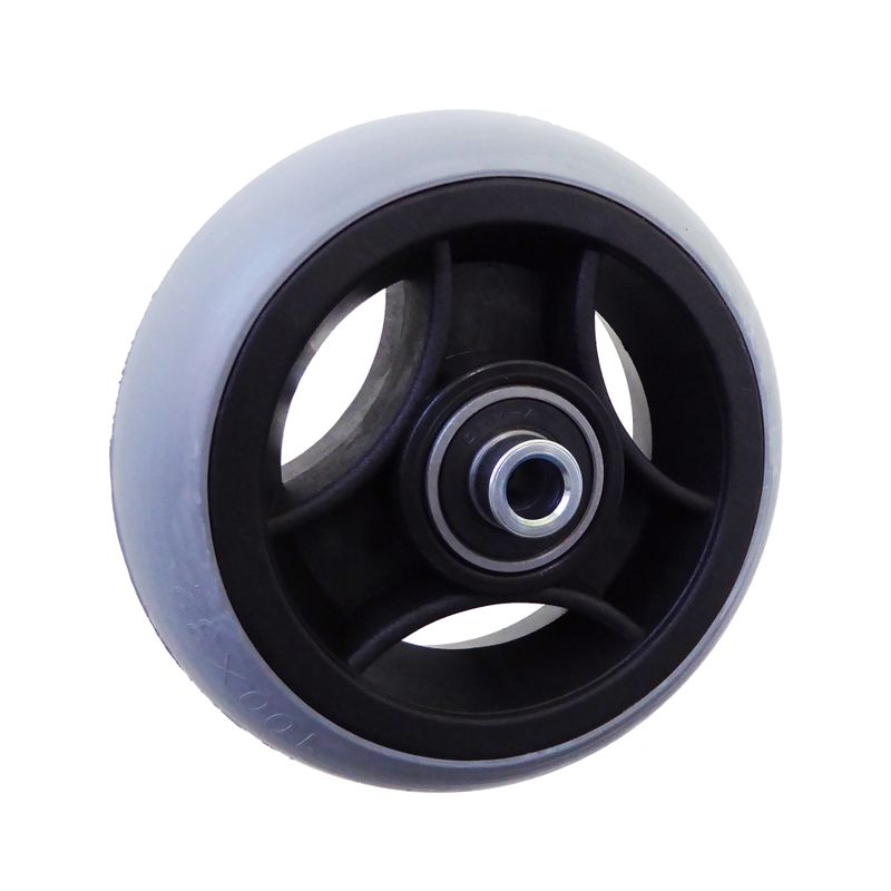 Roue à jante plastique à 3 rayons noir
Pneu à gomme pleine 100x32mm gris
Moyeu Ø x longeur: 8,0mm x 46mm