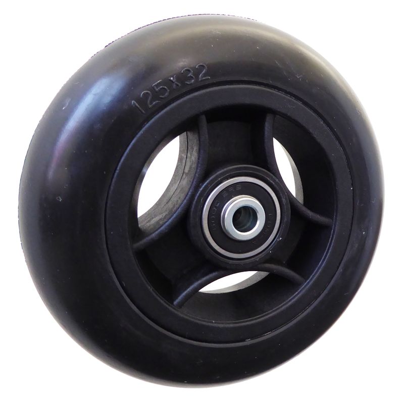 Rad mit 3-Speichen Ku.-Felge schwarz
Vollgummireifen 125x32mm schwarz
Bohrung 8,0mm / NL 36mm