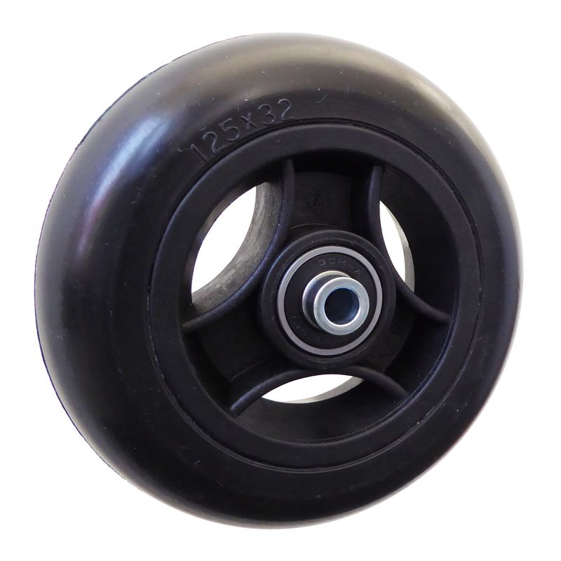 Roue à jante plastique à 3 rayons noir
Pneu à gomme pleine 125x32mm noir
Moyeu Ø x longeur: 8,0mm x 46mm