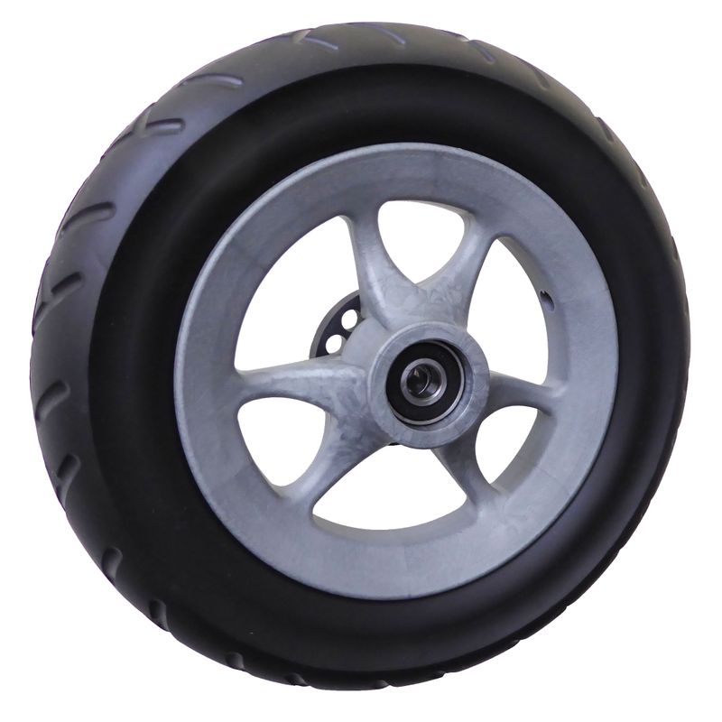 Roue avec bague frein, jante plast. gris
Pneu EVA 250x50mm noir
Moyeu Ø x longeur: 12,0mm x 47mm