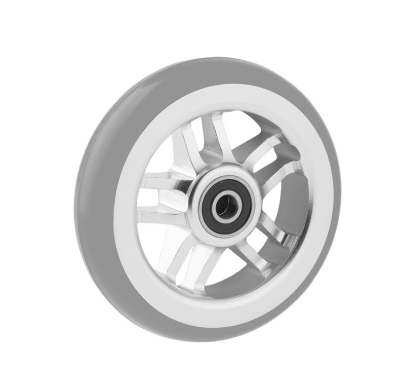 Rad mit Aluminiumfelge silber
Vollgummireifen 100x24 mm grau
Bohrung 8,0mm / NL 25mm