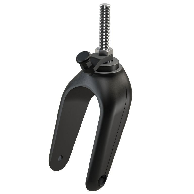 Lenkgabel bis Rad-Ø200mm gelagert RI
Mat. Kunststoff schwarz, Bolzen M14
1 Loch für Radnaben Ø8mm x L60mm
