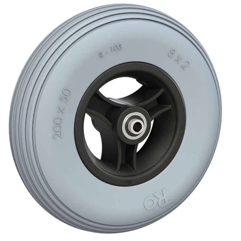 Rad mit 3-Speichen Ku.-Felge schwarz
PU-Bereifung 200x50mm grau
Bohrung 8,0mm / NL 60mm