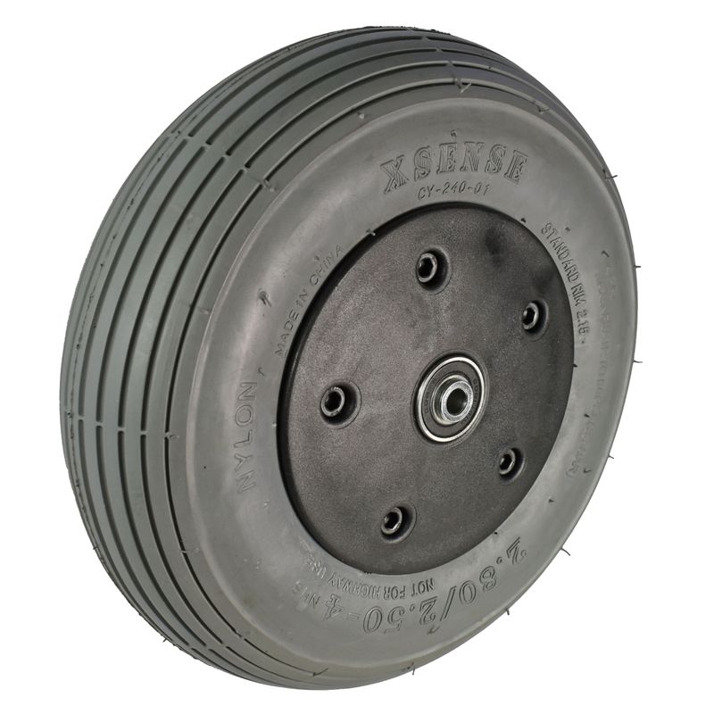 Rad mit Ku.-Felge zweiteilig schwarz
Reifen pannensicher 2.80/2.50-4" grau
Bohrung 8,0mm / NL 79mm