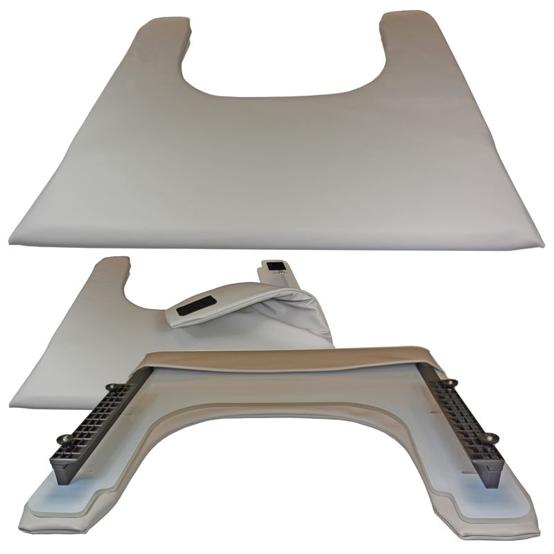Textil-Tisch BxT: 600x570mm
Mat. PET klar 8mm, Kunstleder grau
Sitzbreite 380-460mm, aufschiebbar
