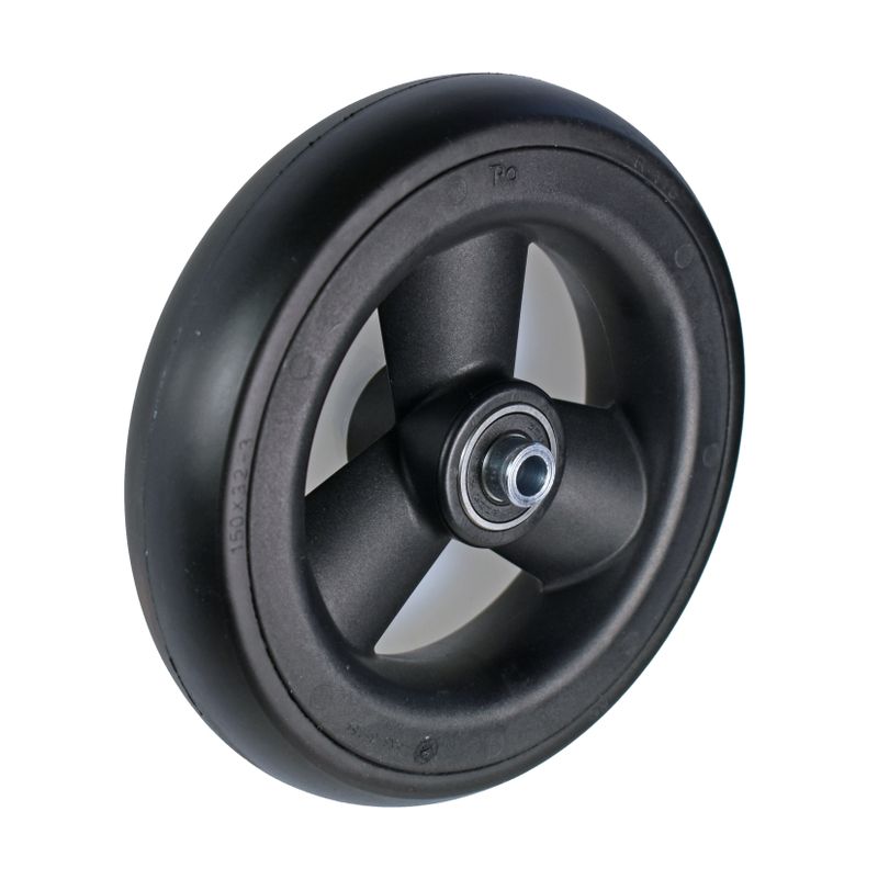 Rad mit 3-Hohlspeichen-Felge schwarz
PU Reifen 150x32mm schwarz
Bohrung 8,0mm / NL 46mm