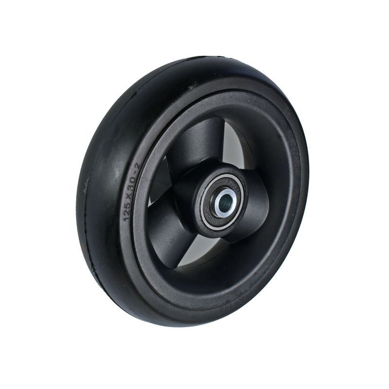 Roue à jante plastique à 3 rayons noir
Pneu en polyuréthane 125x30mm noir
Moyeu Ø x longeur: 8,0mm x 36mm