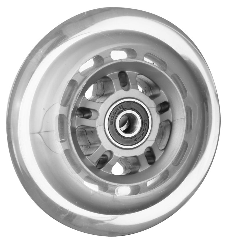 Roue de skate à jante plastique gris
Pneu en polyuréthane 100x24mm transp.
Moyeu Ø x longeur: 8,0mm x 25mm