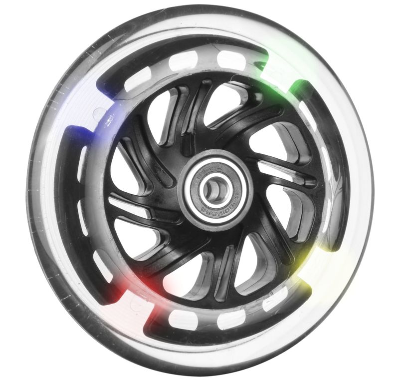 Skaterrad mit Ku-Felge schwarz
PU-Reifen 125x24mm transparent mit LED
Bohrung 8,0mm / NL 25mm