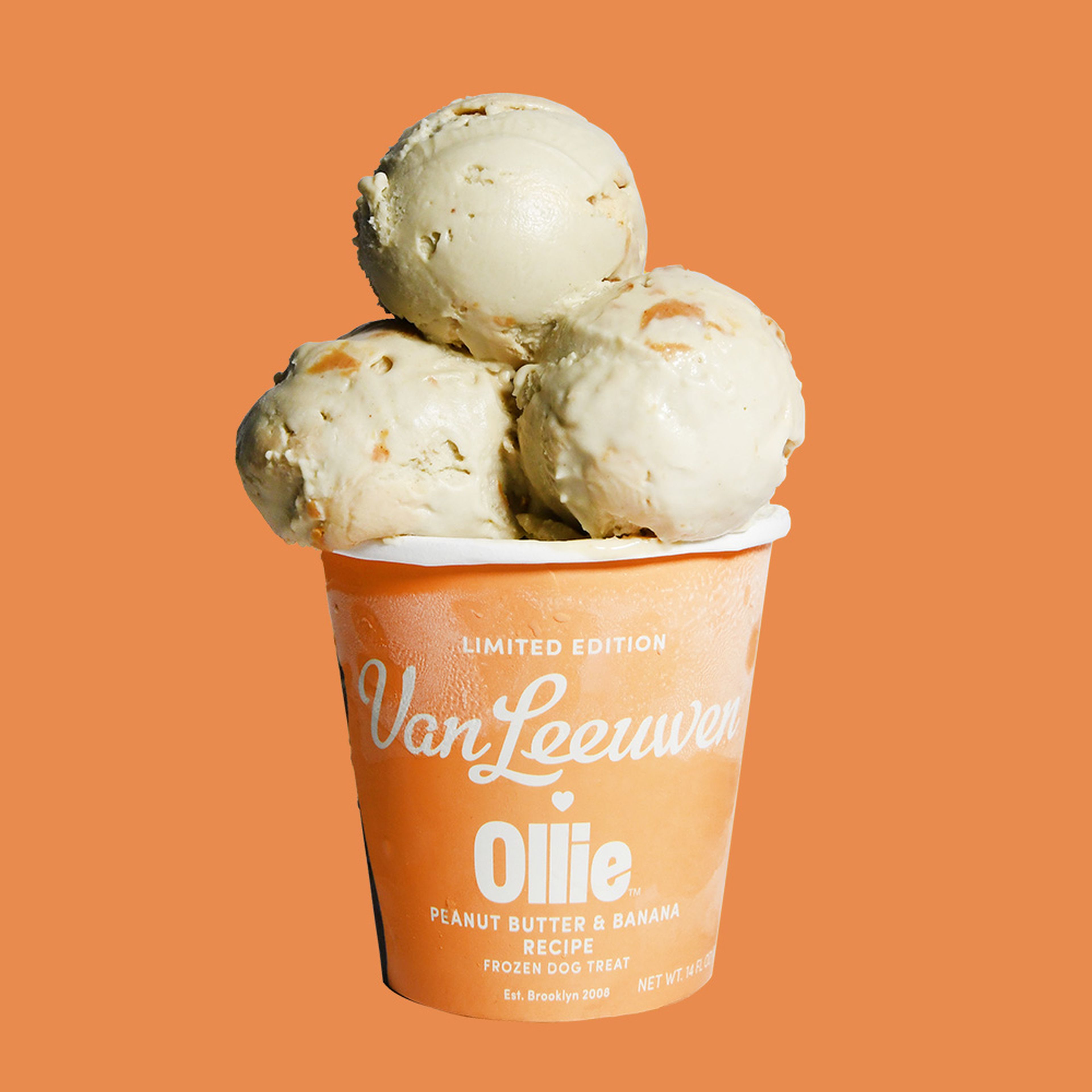 3 scoops of the Ollie x Van Leeuwen ice cream treat for dogs on top of the collaboration pint.