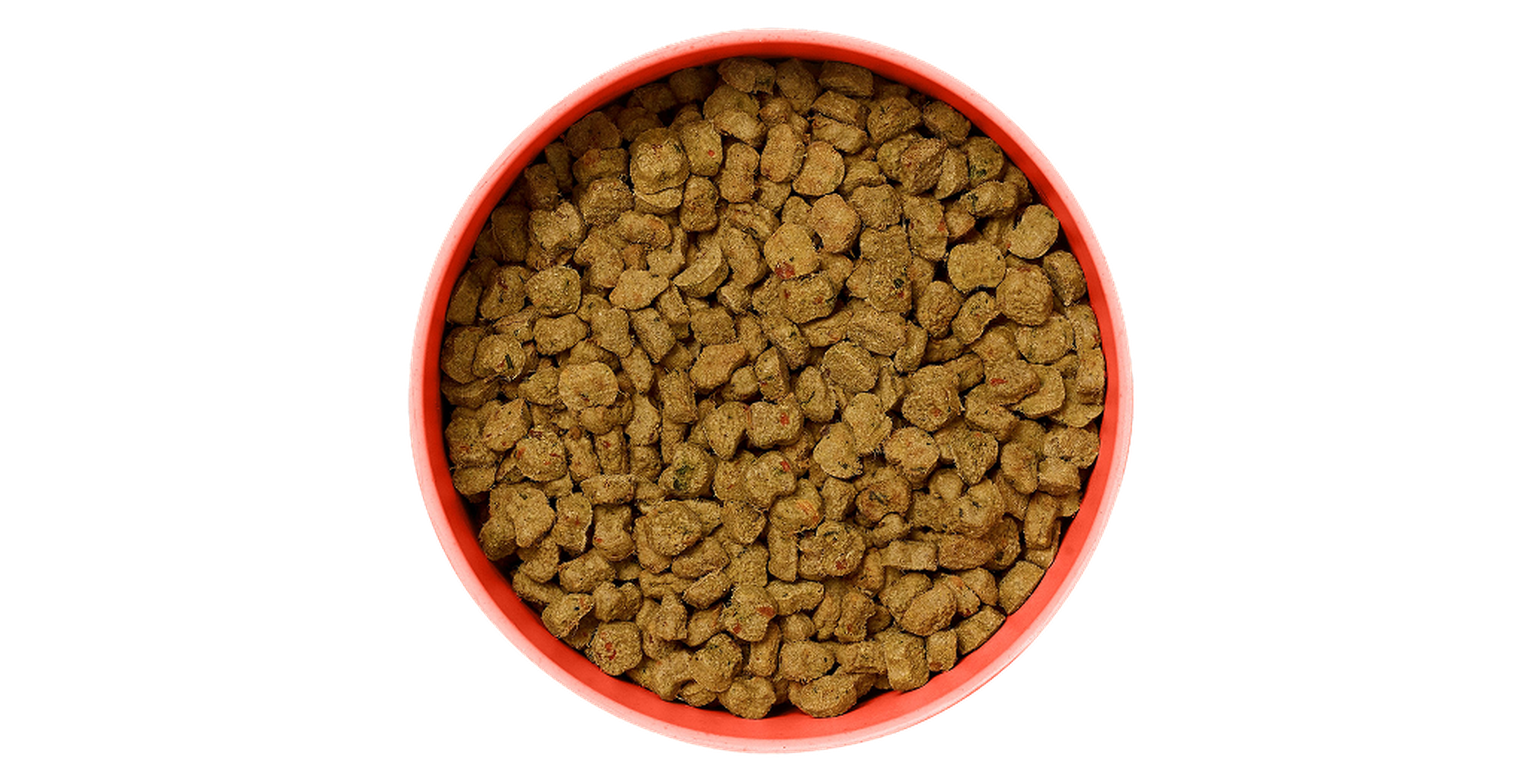 A red bowl filled with Ollie Baked Beef, viewed from above against a white background.