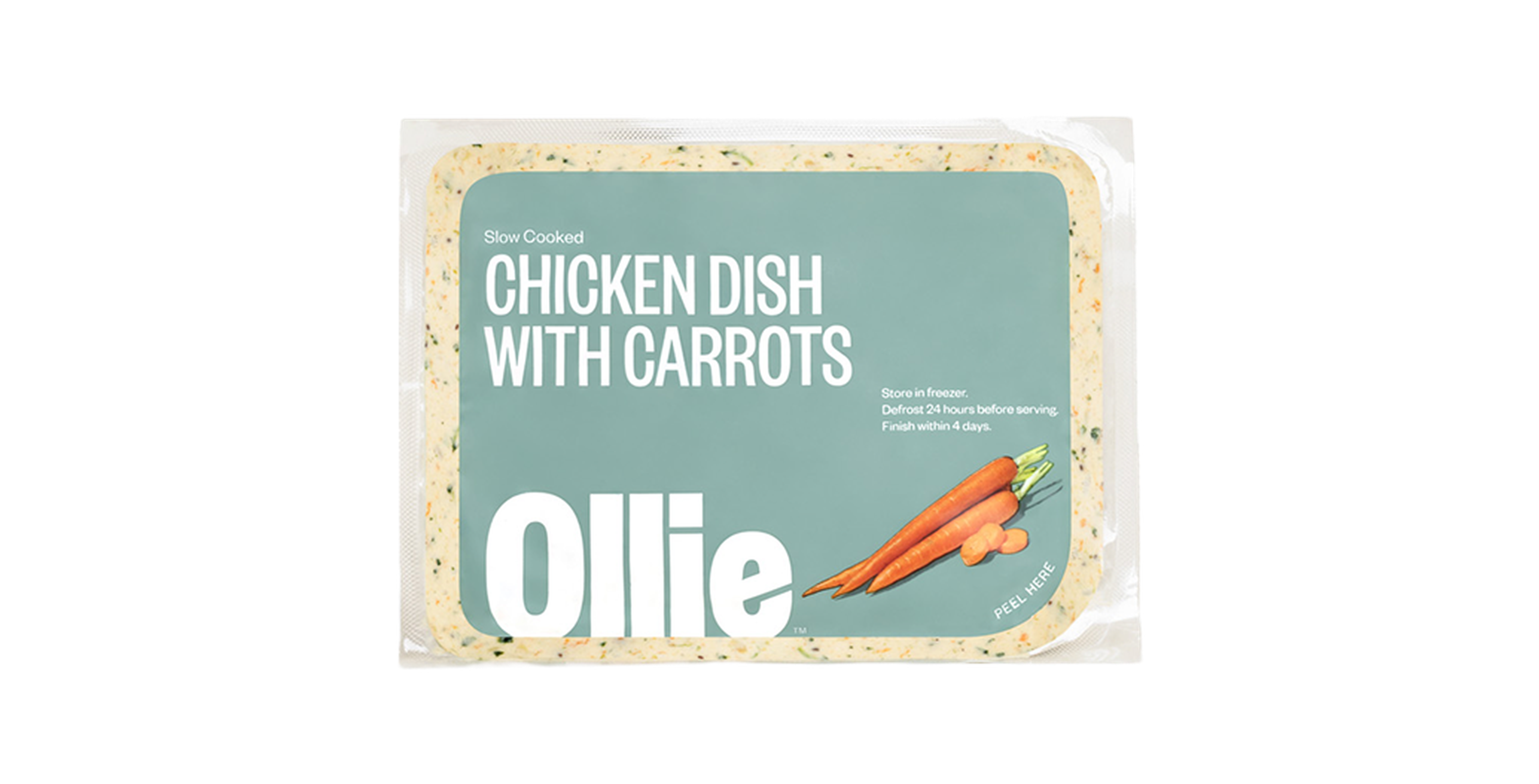Packaged Ollie slow-cooked chicken dish with carrots. Instructions: Store frozen, defrost 24 hours, use within 4 days.