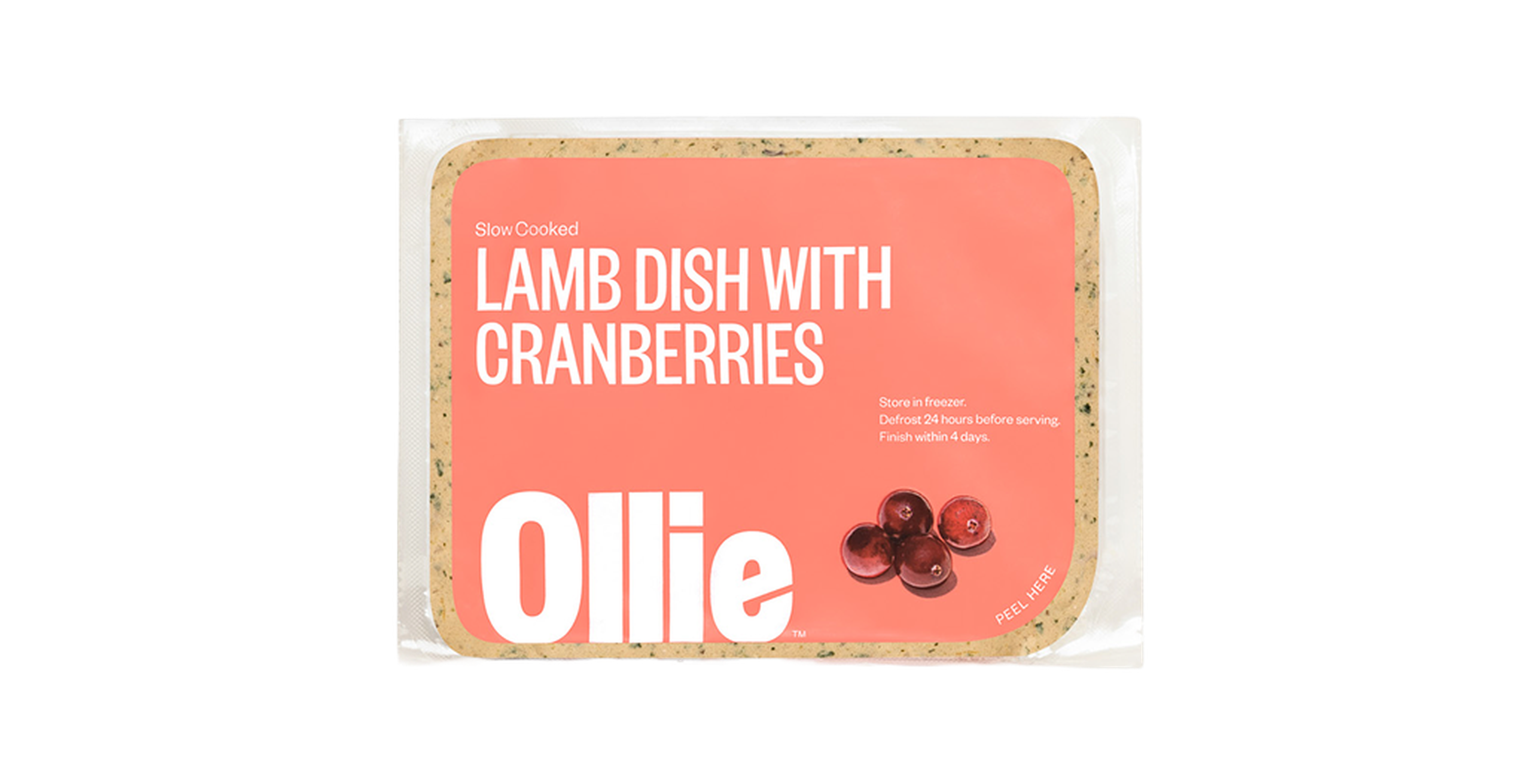 Ollie Lamb Dish with Cranberries package, red label with storage instructions and cranberry image, designed for pets.