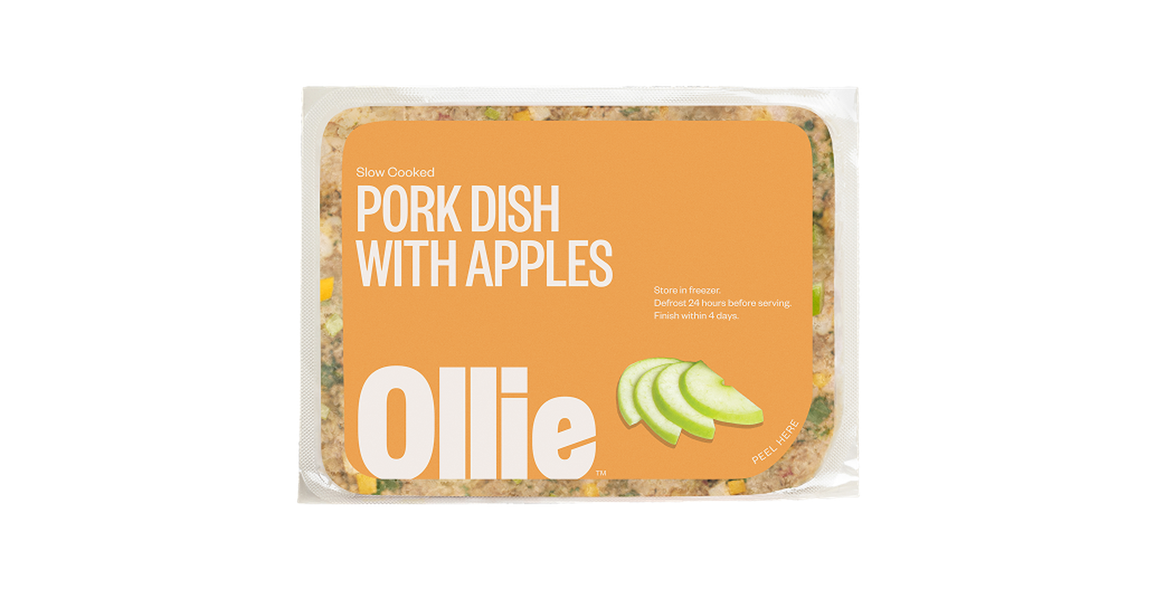 Orange packaging of Ollie Pork Dish with Apples, showing sliced apples. Store frozen; defrost 24 hours before serving.