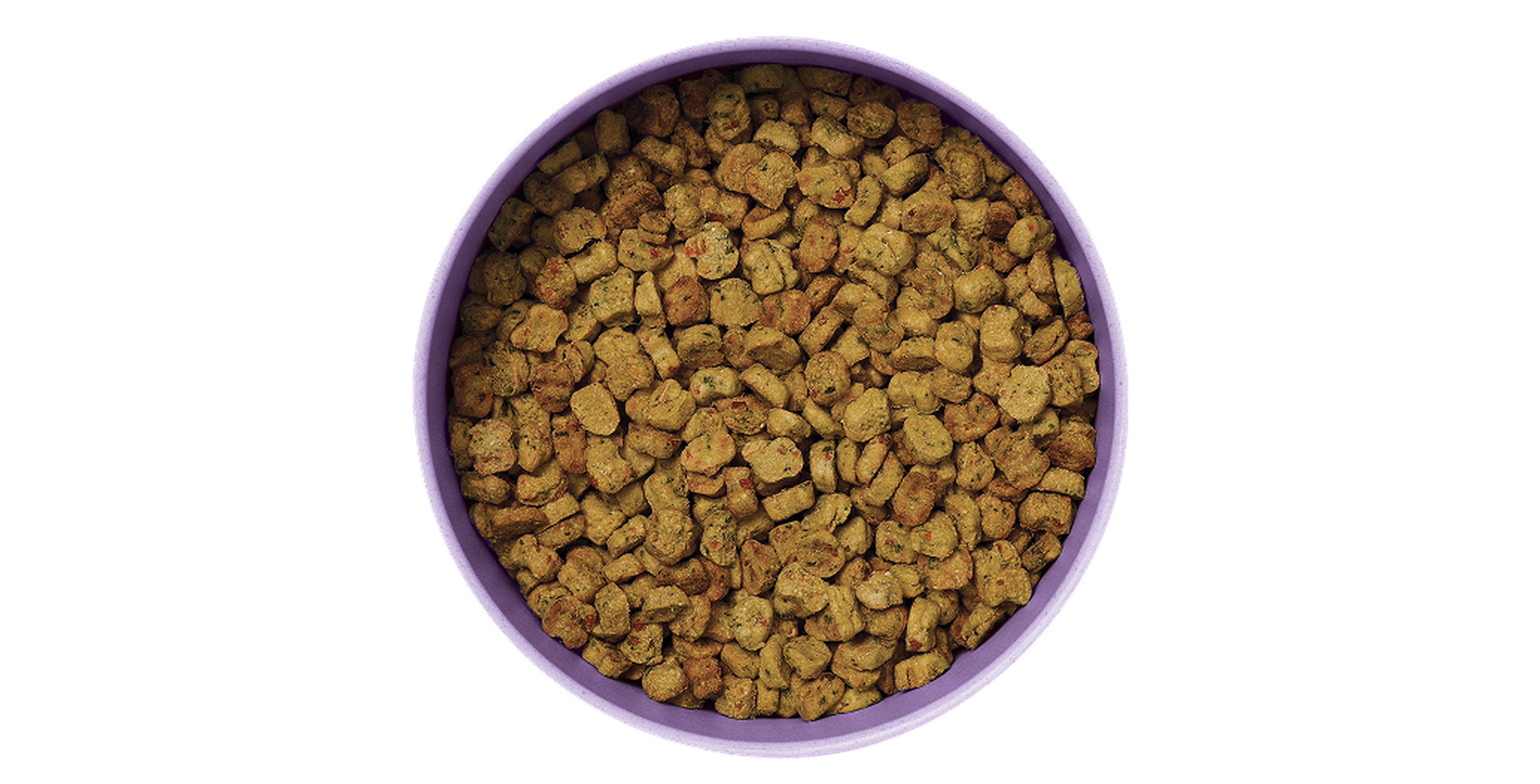 A red bowl filled with Ollie Baked Chicken, viewed from above against a white background.
