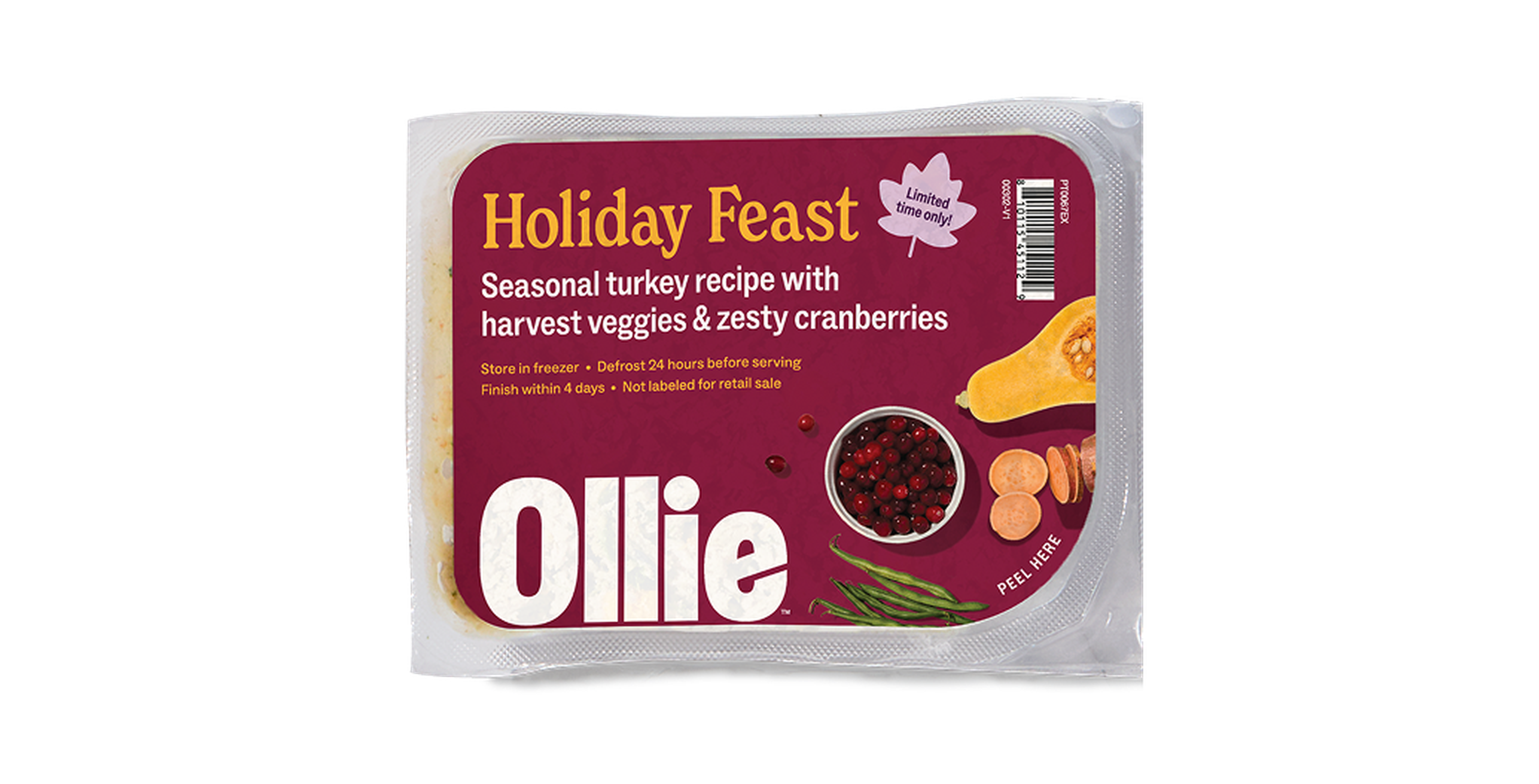 Ollie Holiday Feast pet food package featuring seasonal turkey, harvest veggies, and cranberries, limited time, instructions on storing and serving.