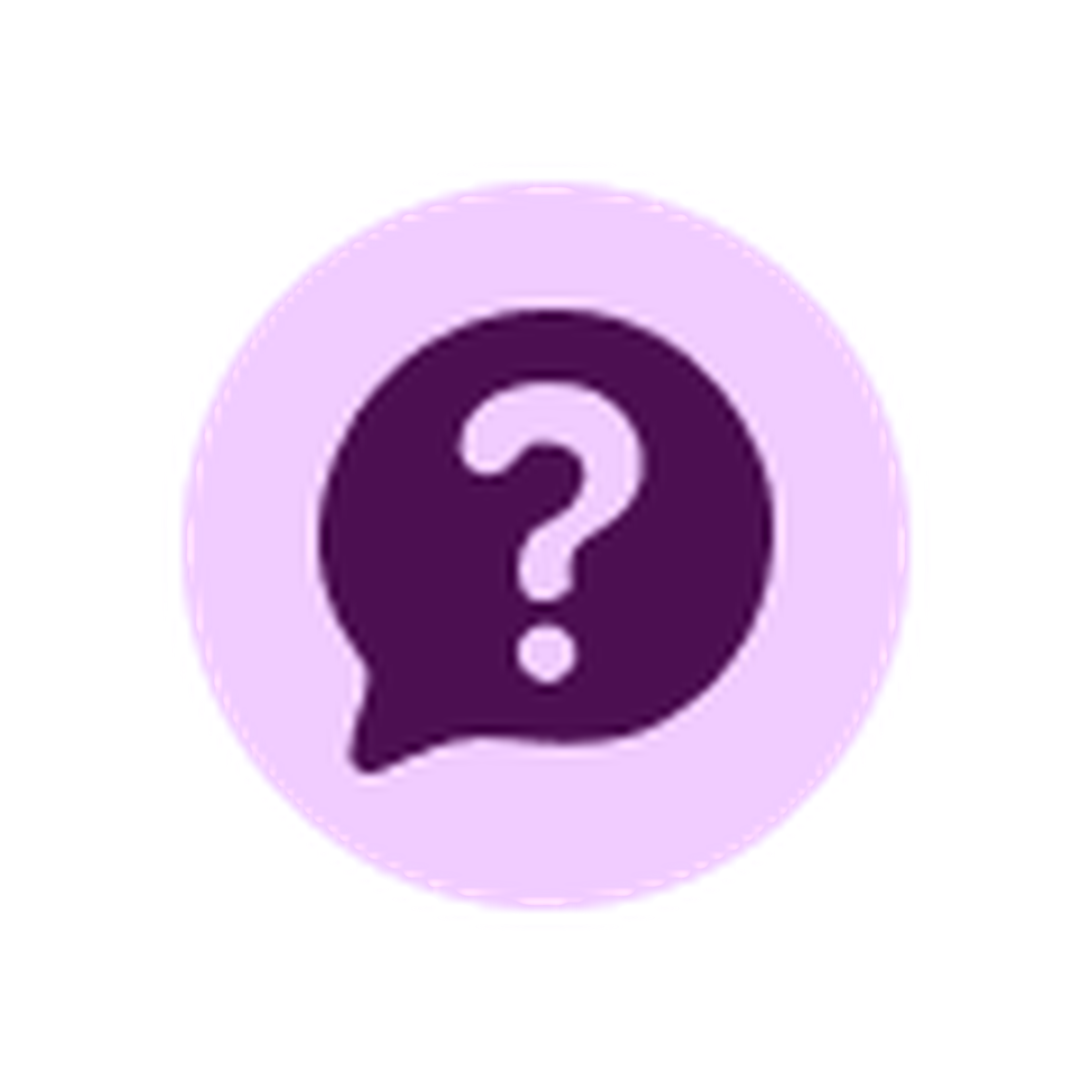 Purple speech bubble icon with a white question mark inside, set against a light purple circular background.