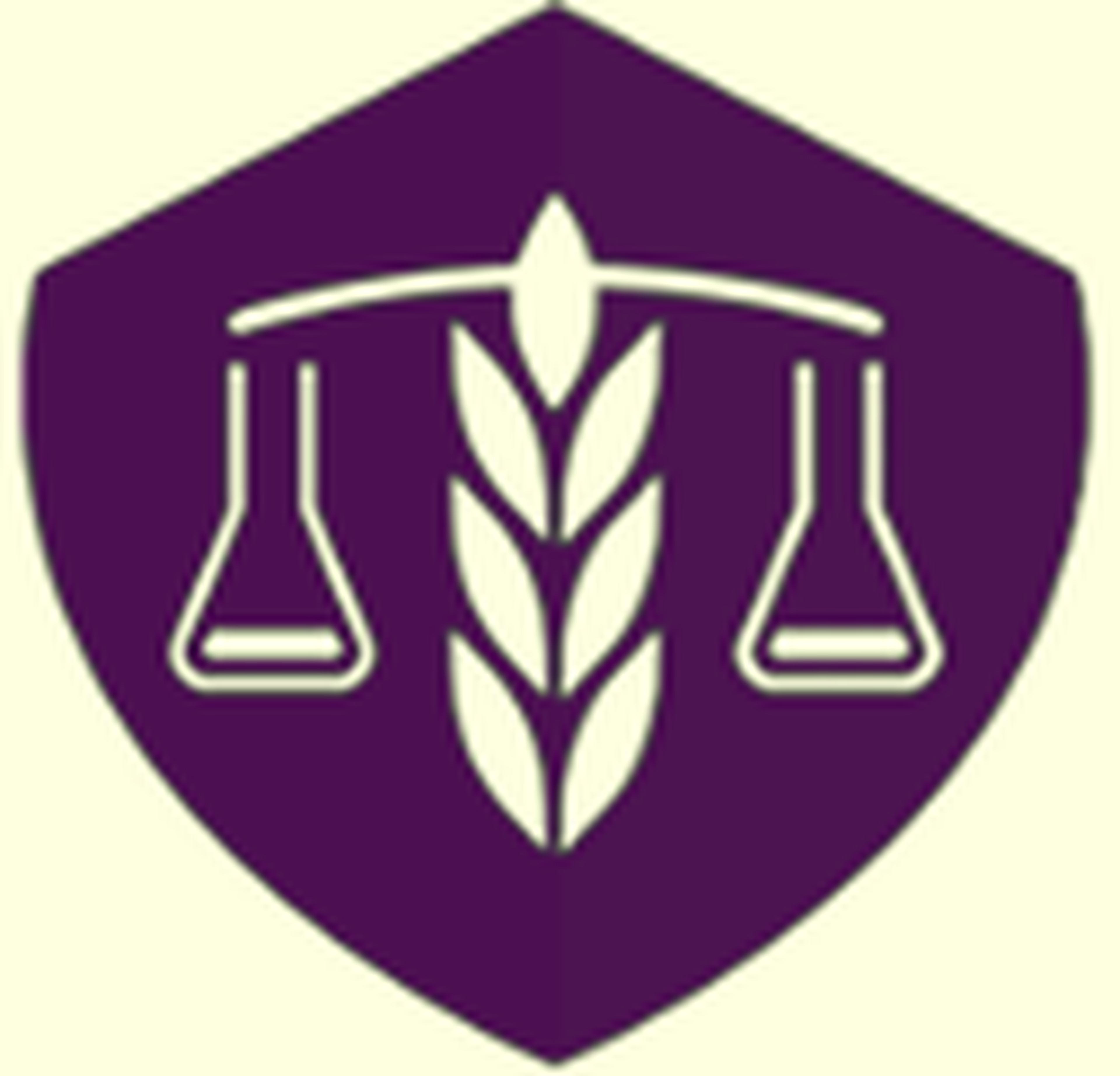 A purple shield with a white symbol of scales balanced by a branch of wheat, representing agriculture and justice.