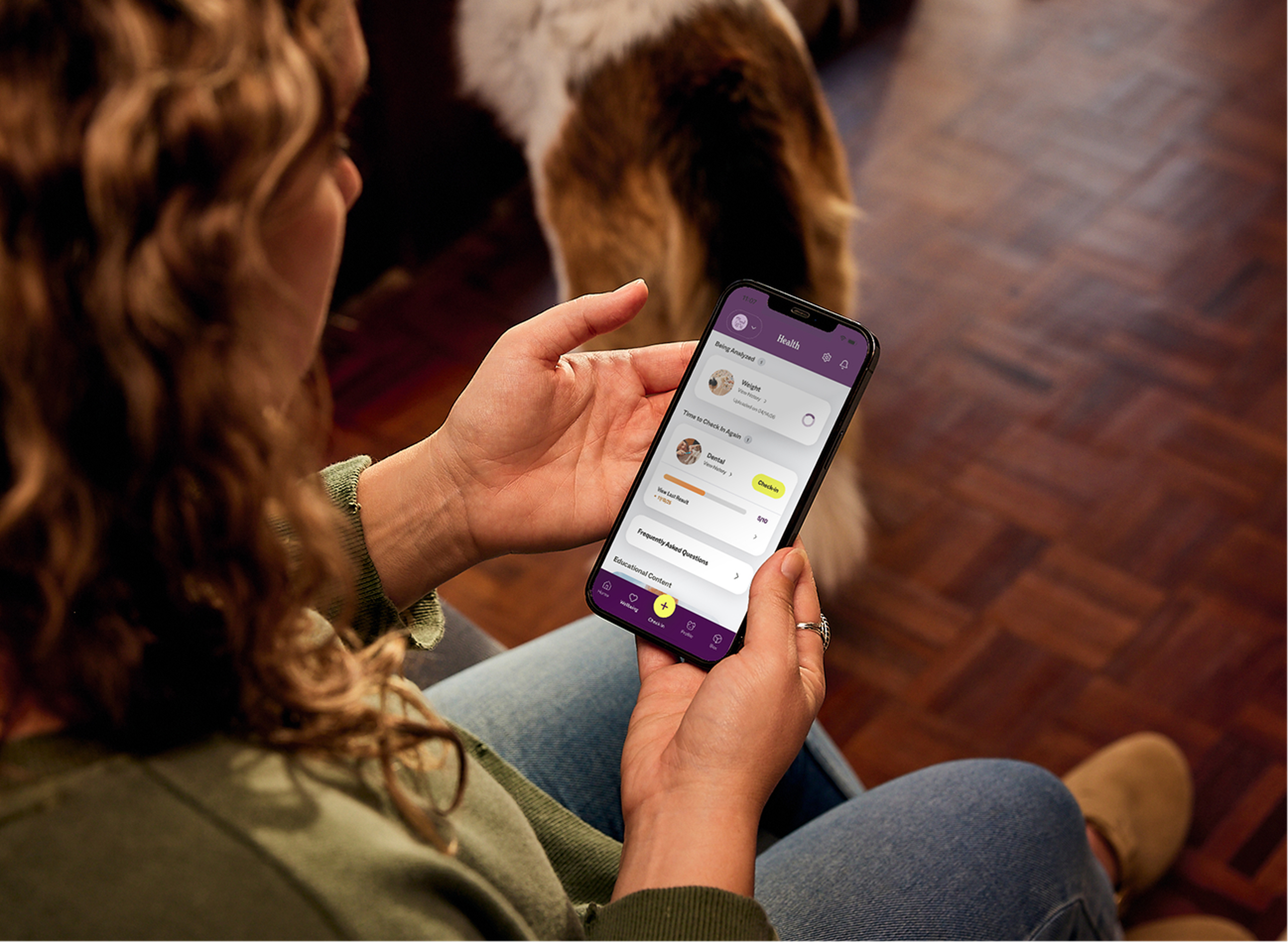 Person holding a smartphone using the Ollie app, sitting on a wooden floor. A dog is partially visible in the background.
