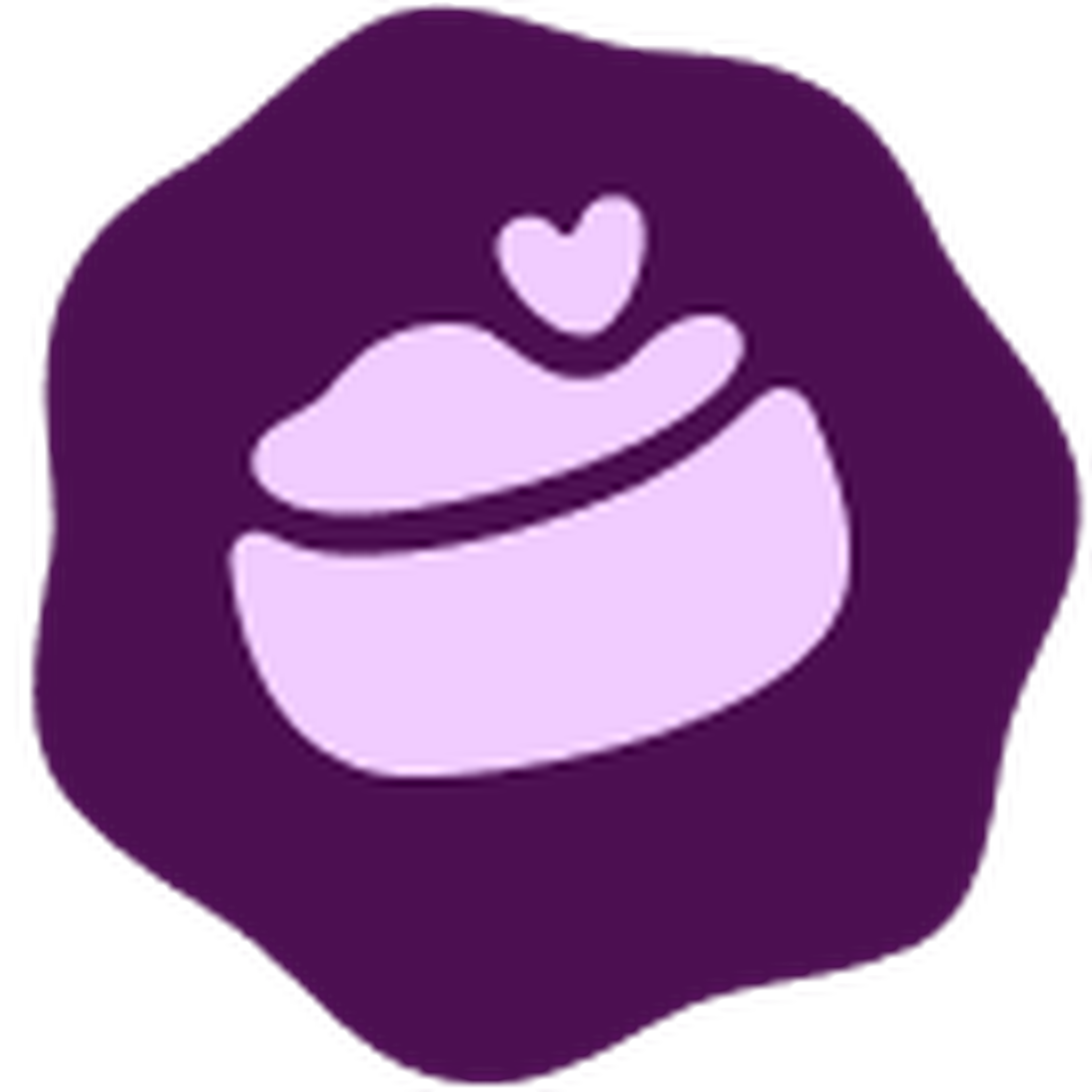 Icon of a Ollie food bowl with a heart-shaped topping, set on a purple background, suggesting love.