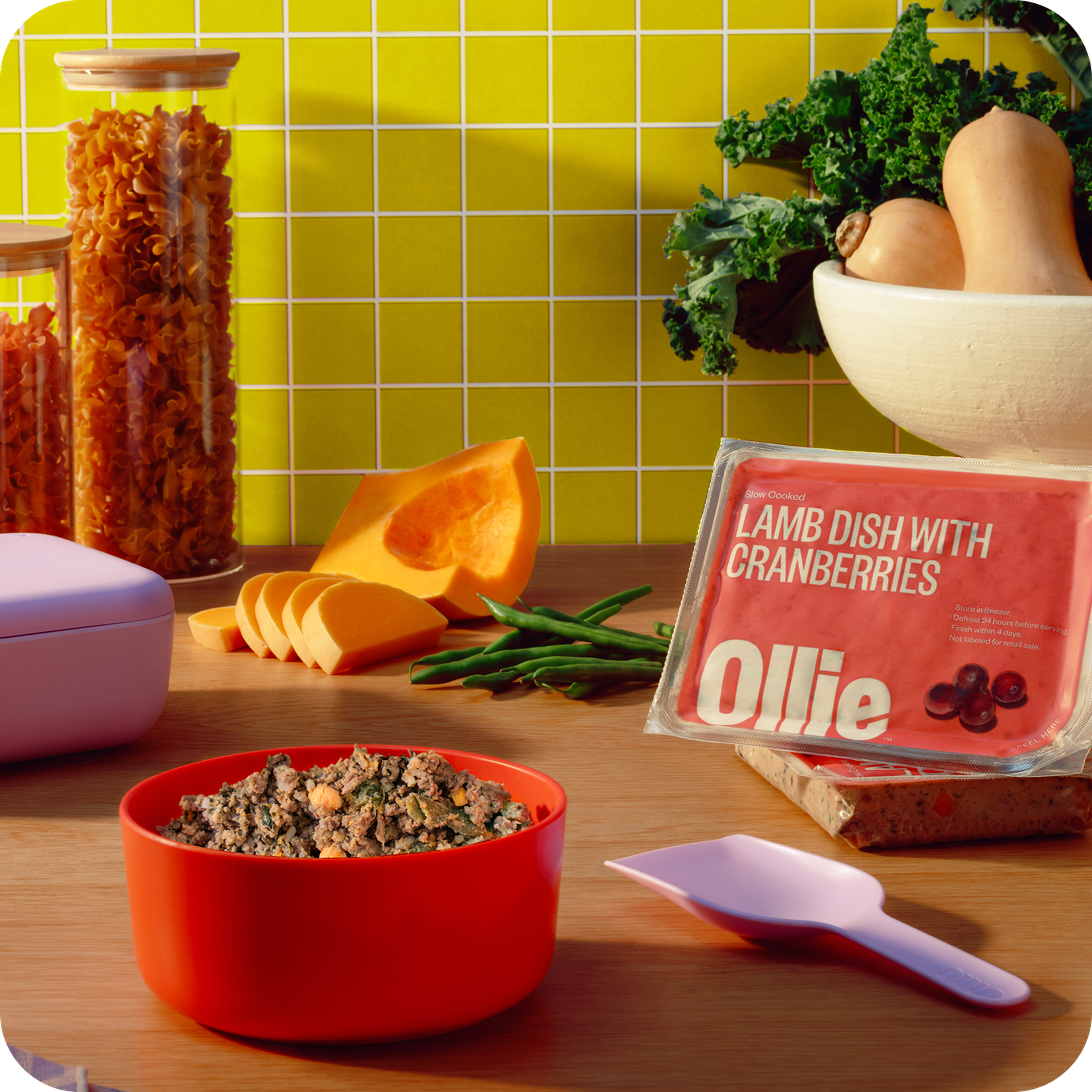 A red bowl of pet food with packaging labeled "Lamb Dish with Cranberries." Vegetables and pasta jars are on a wooden counter.
