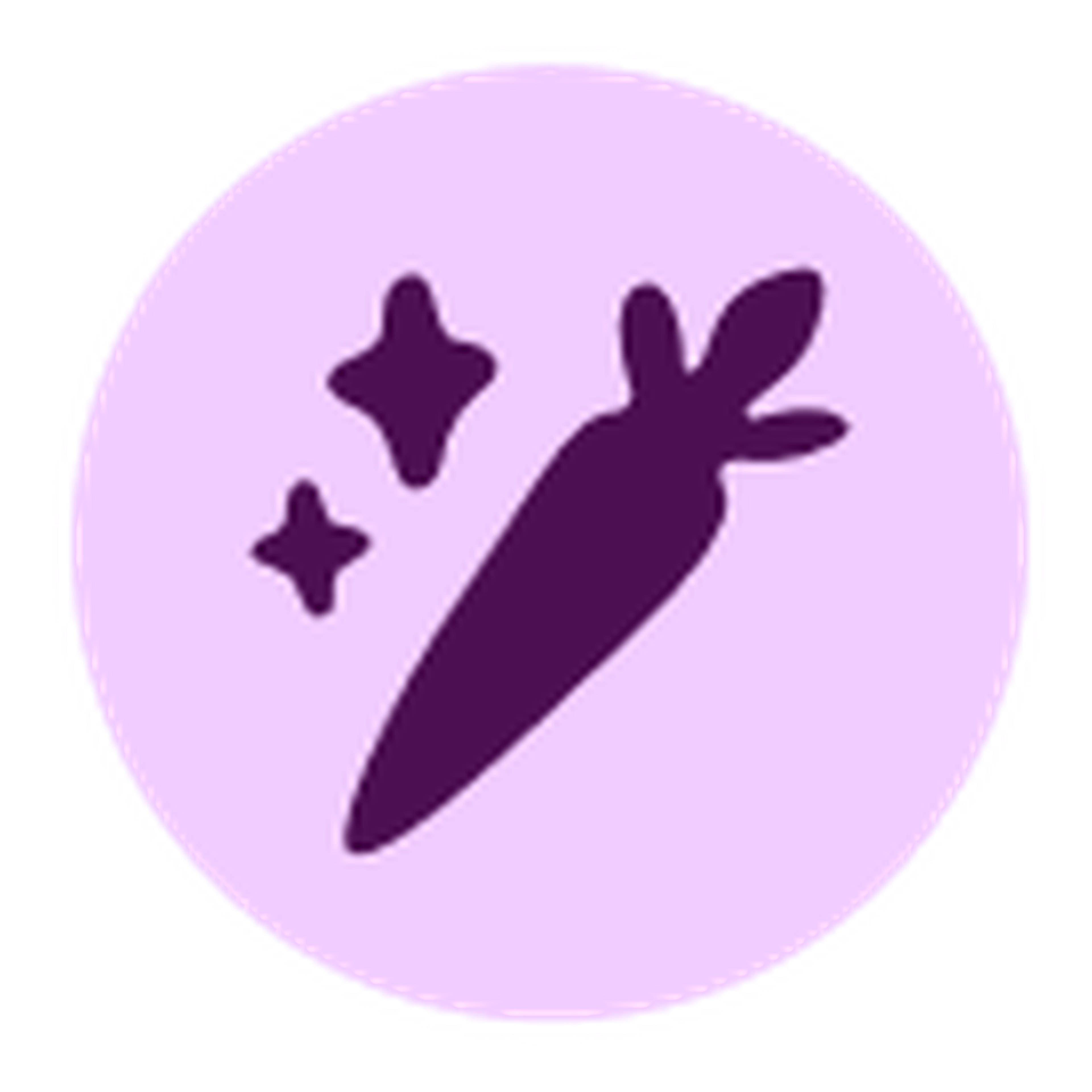 Purple carrot icon with sparkling stars on a light purple circular background.