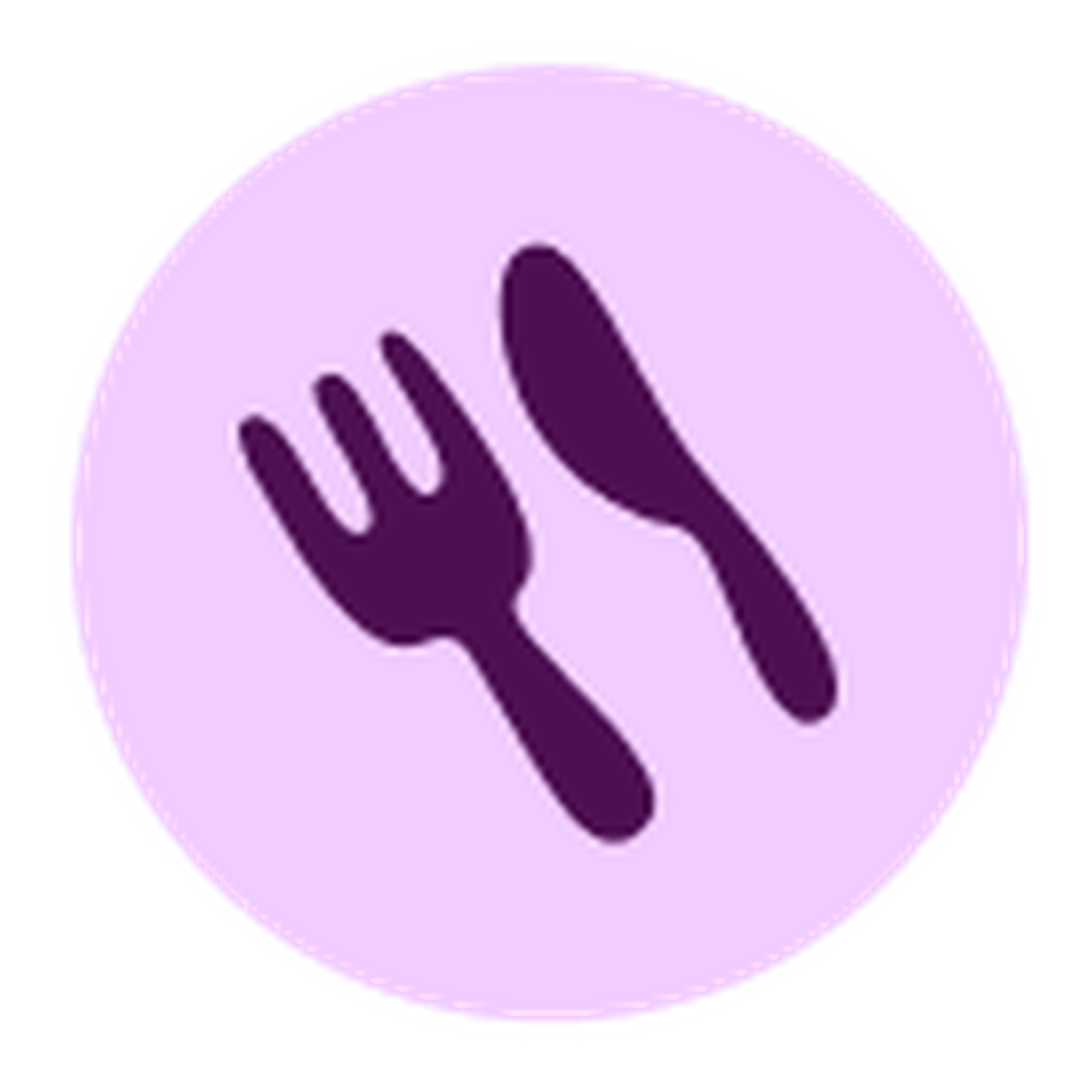 Purple fork and knife icon on a light purple circular background.