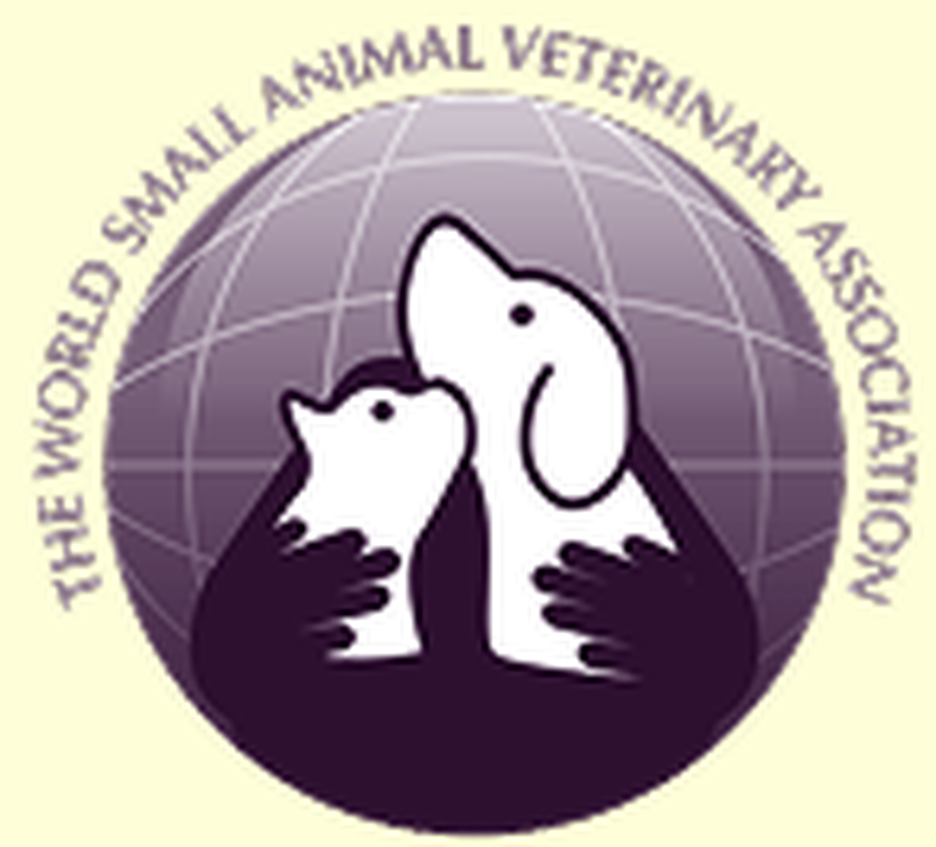 Silhouette of a dog and cat embraced by human hands; globe in background with "The World Small Animal Veterinary Association" text around it.