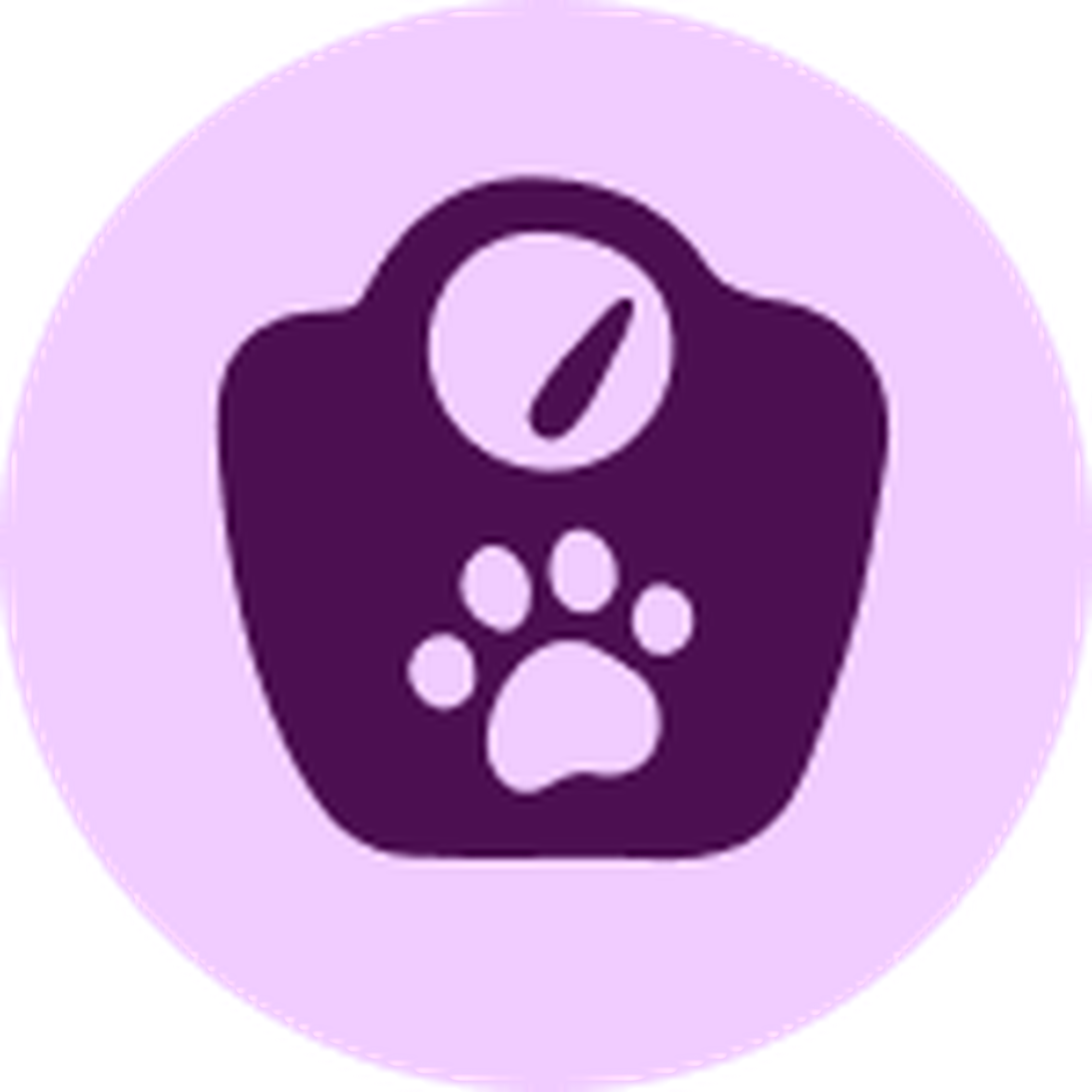 Purple pet scale icon with a paw print, set against a light purple circular background.