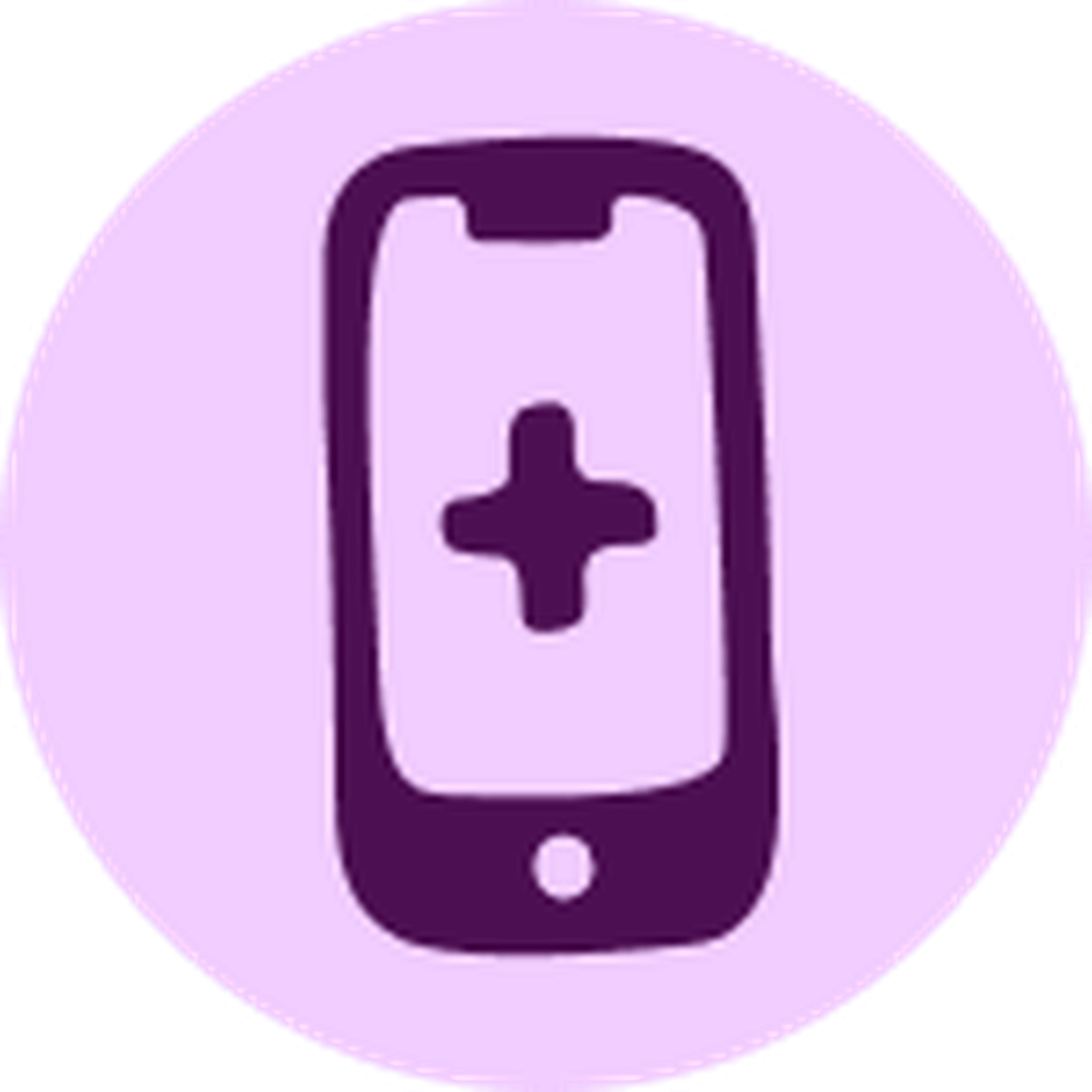Icon of a smartphone with a medical cross on the screen, depicted in purple on a light purple circular background.