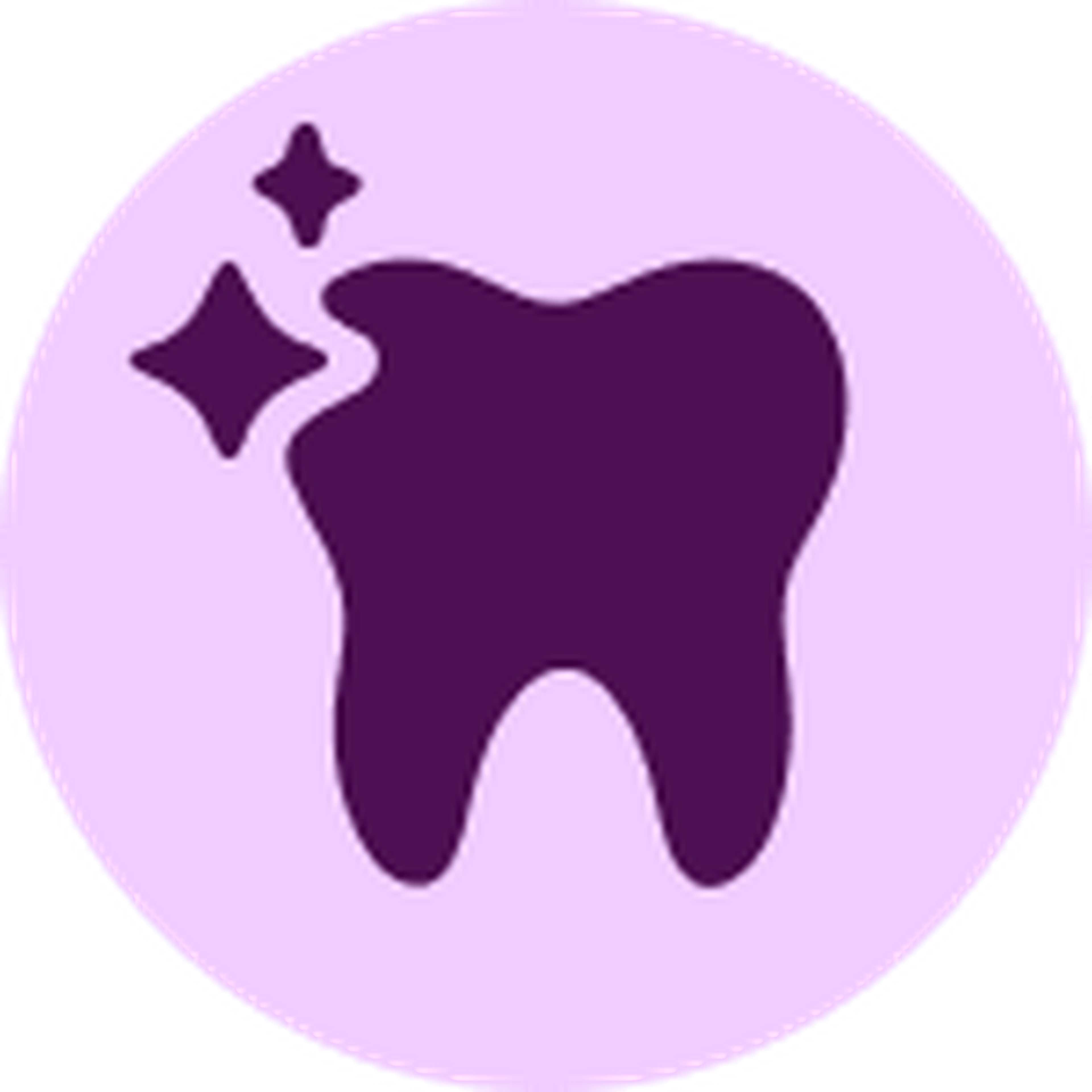 Icon of a dark purple tooth with sparkles, on a light purple circular background, symbolizing dental care or oral hygiene.