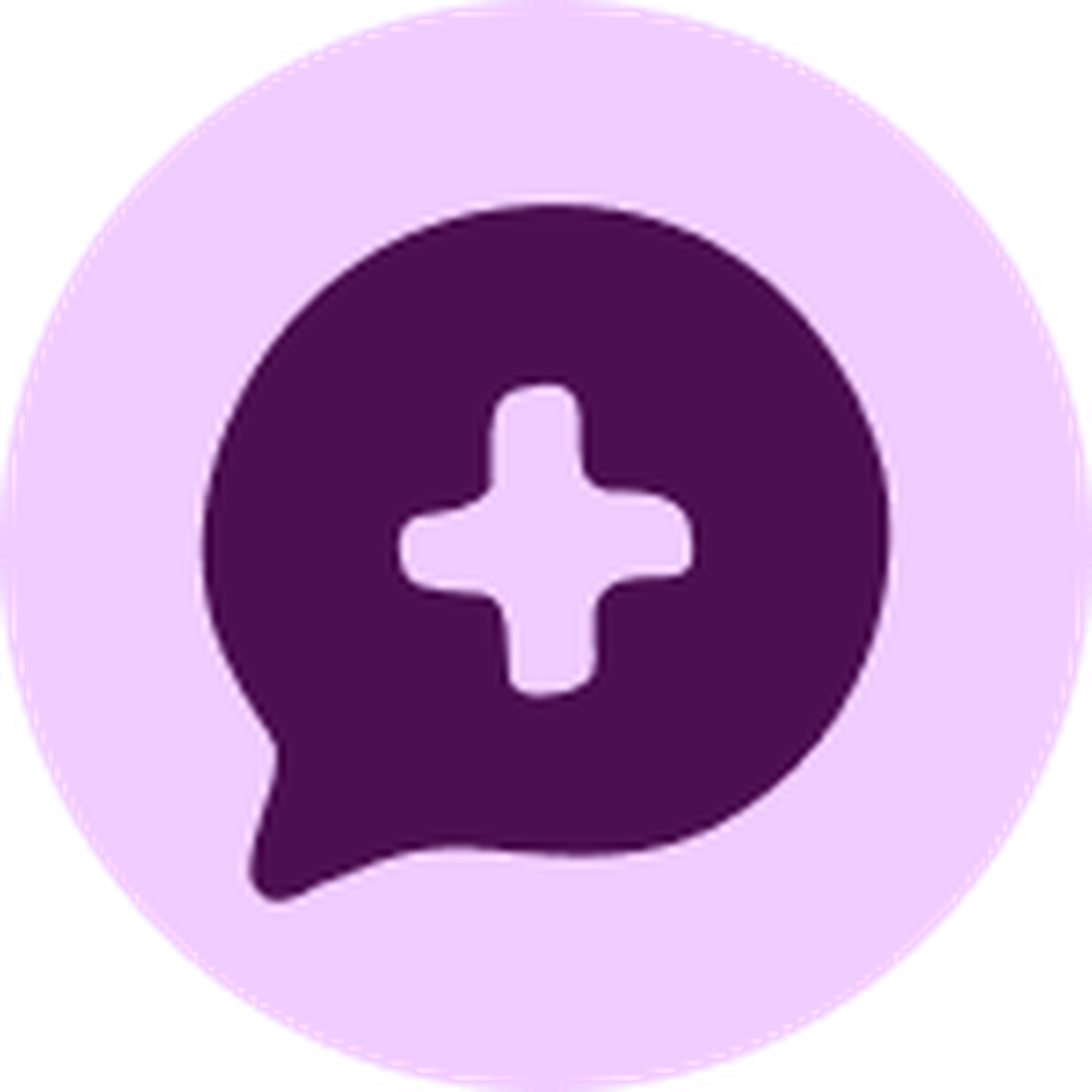 Purple speech bubble icon with a plus sign in the center on a light purple background.