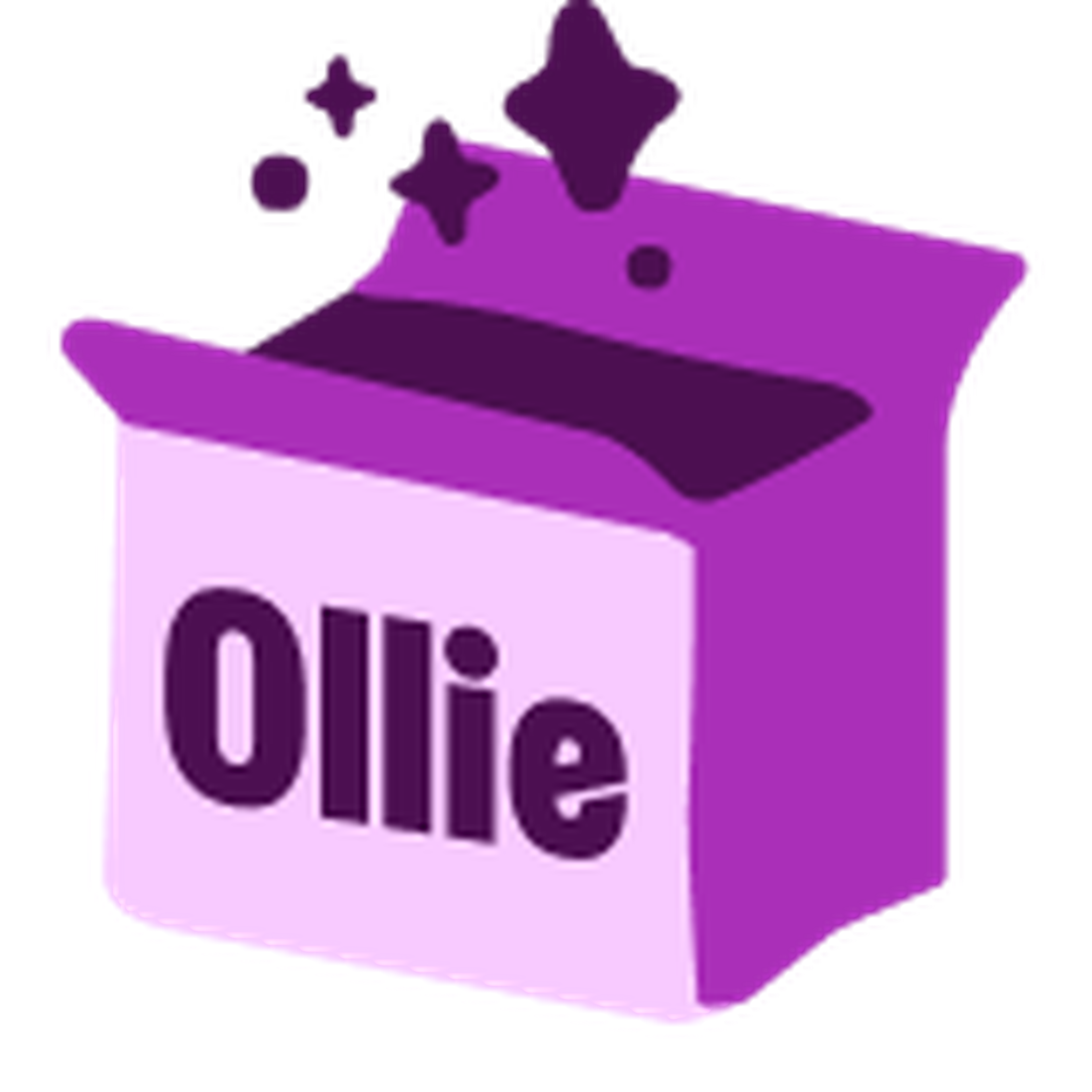 An open purple box with "Ollie" written on it and floating purple stars above.