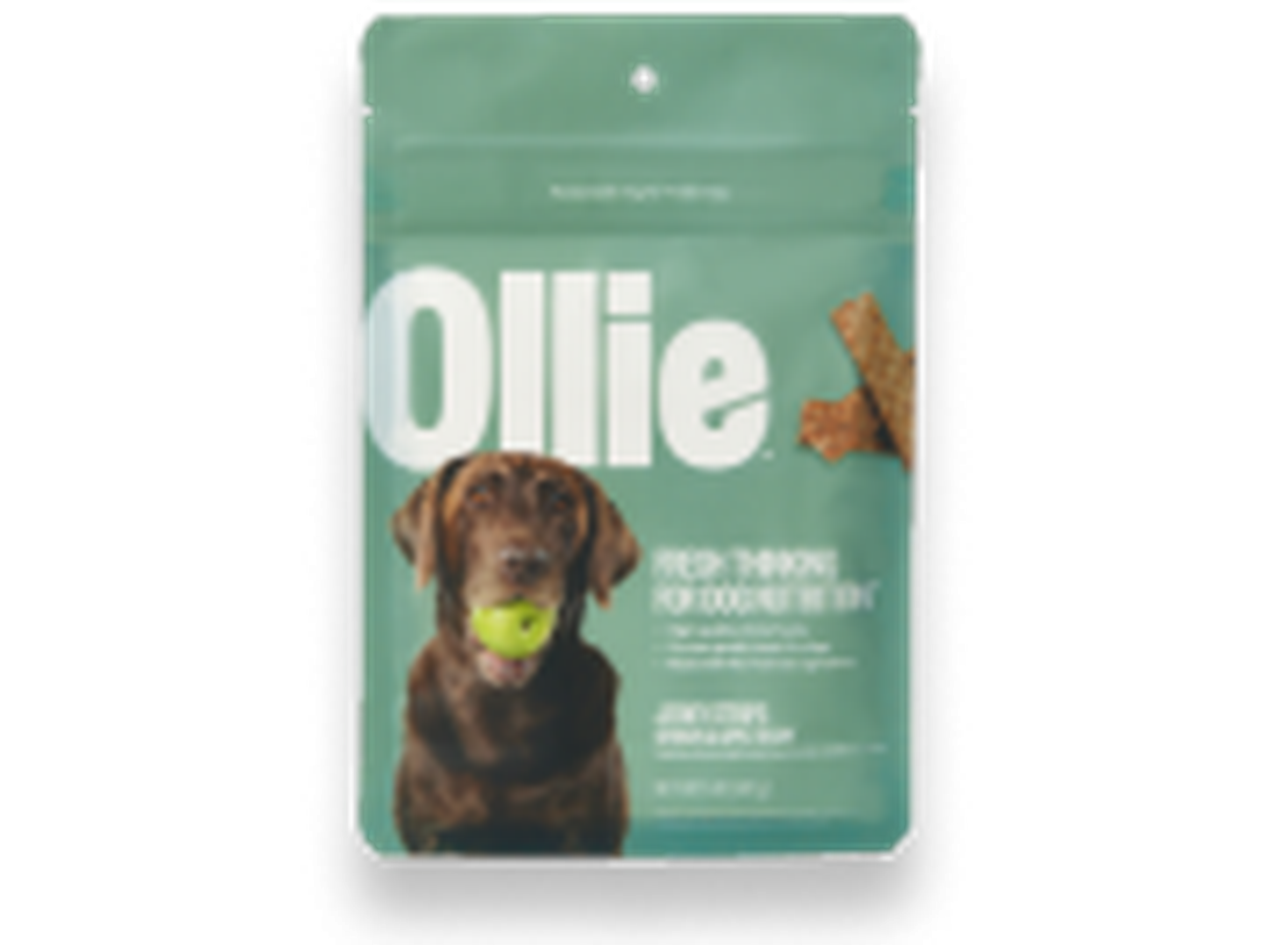 Green dog food package labeled "Ollie" with an image of a Black Labrador and a green apple in its mouth..