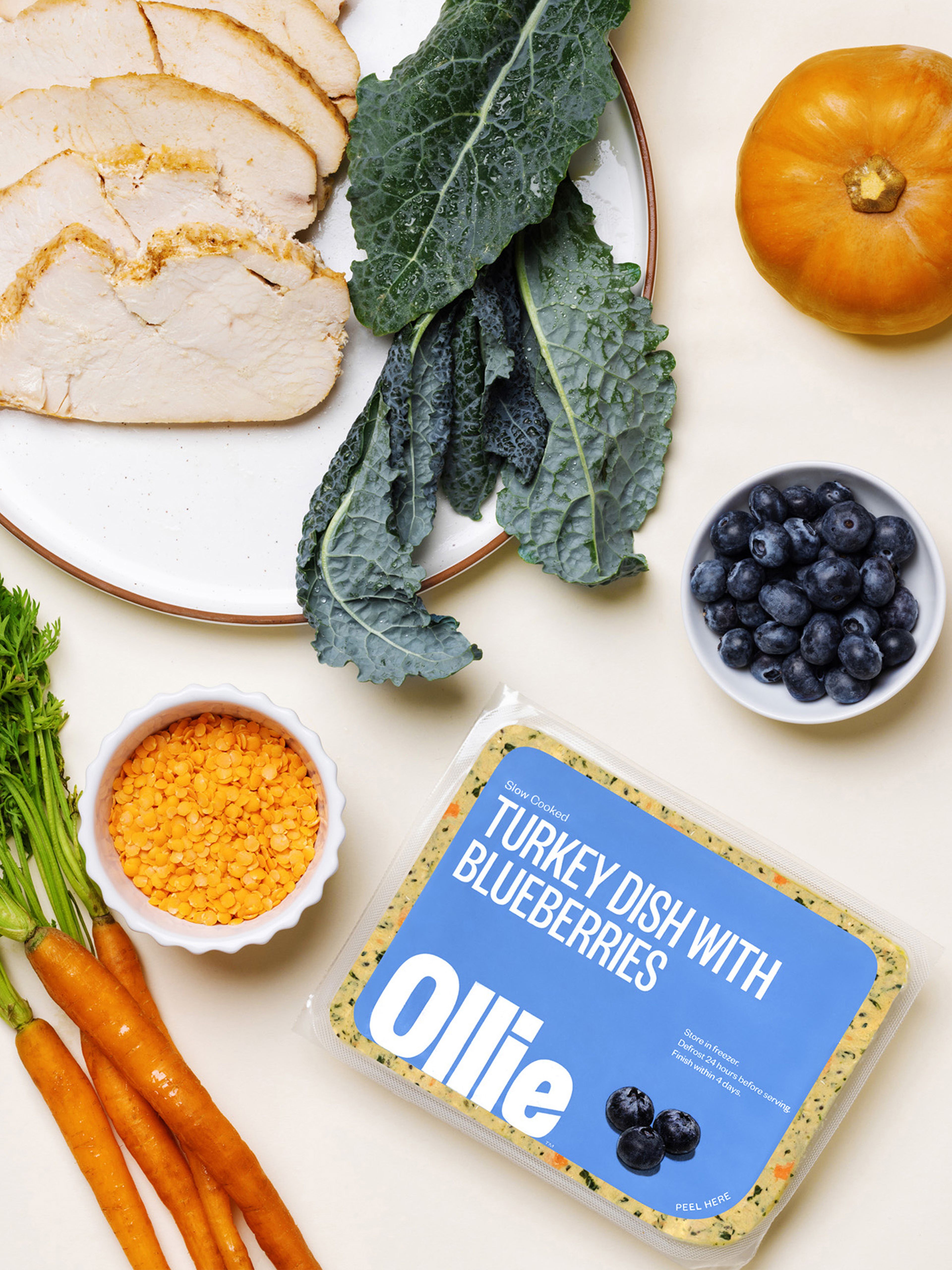 Pack of Ollie's fresh turkey recipe next to ingredients